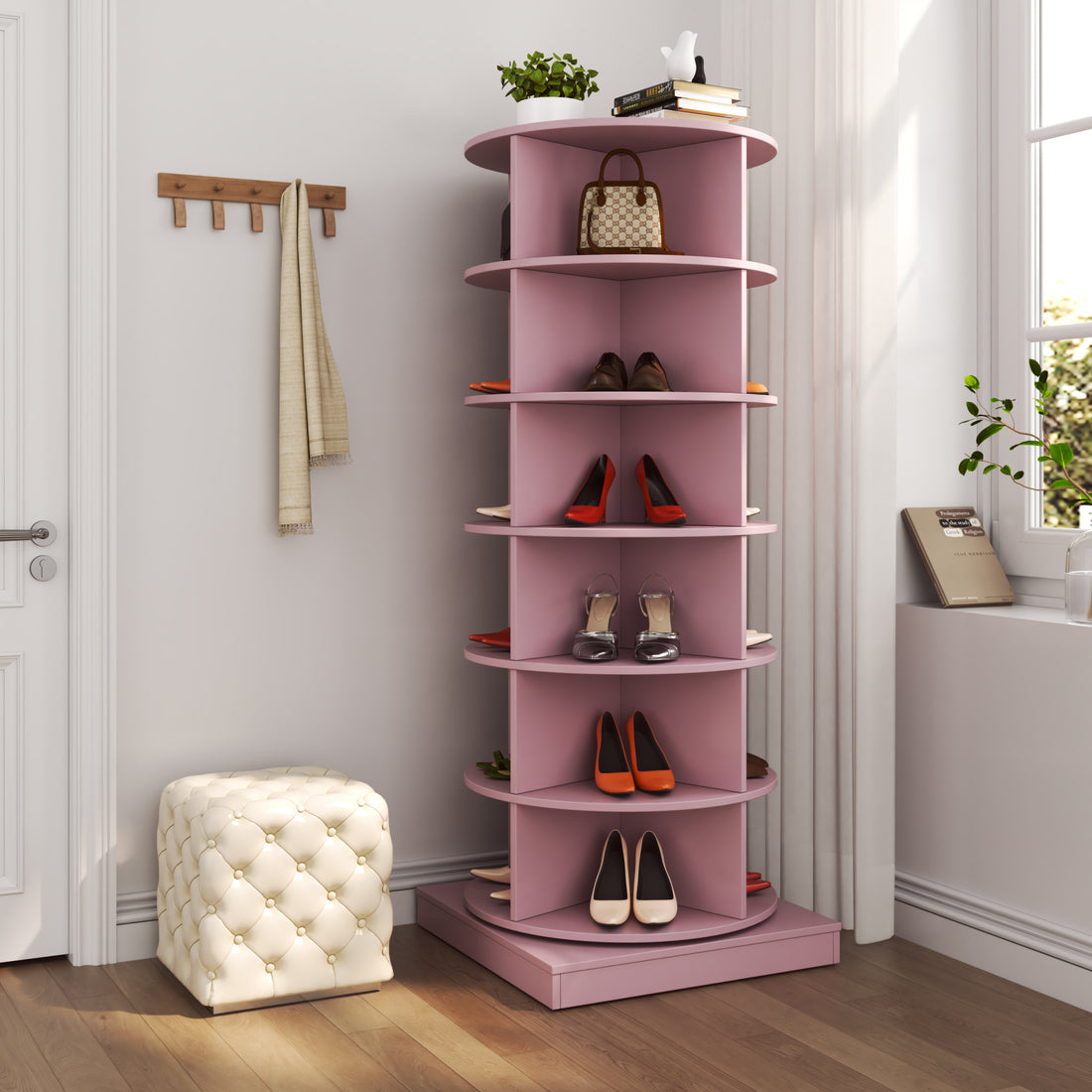 Pink 360 Rotating Shoe Cabinet 6 Layers Pink Plywood