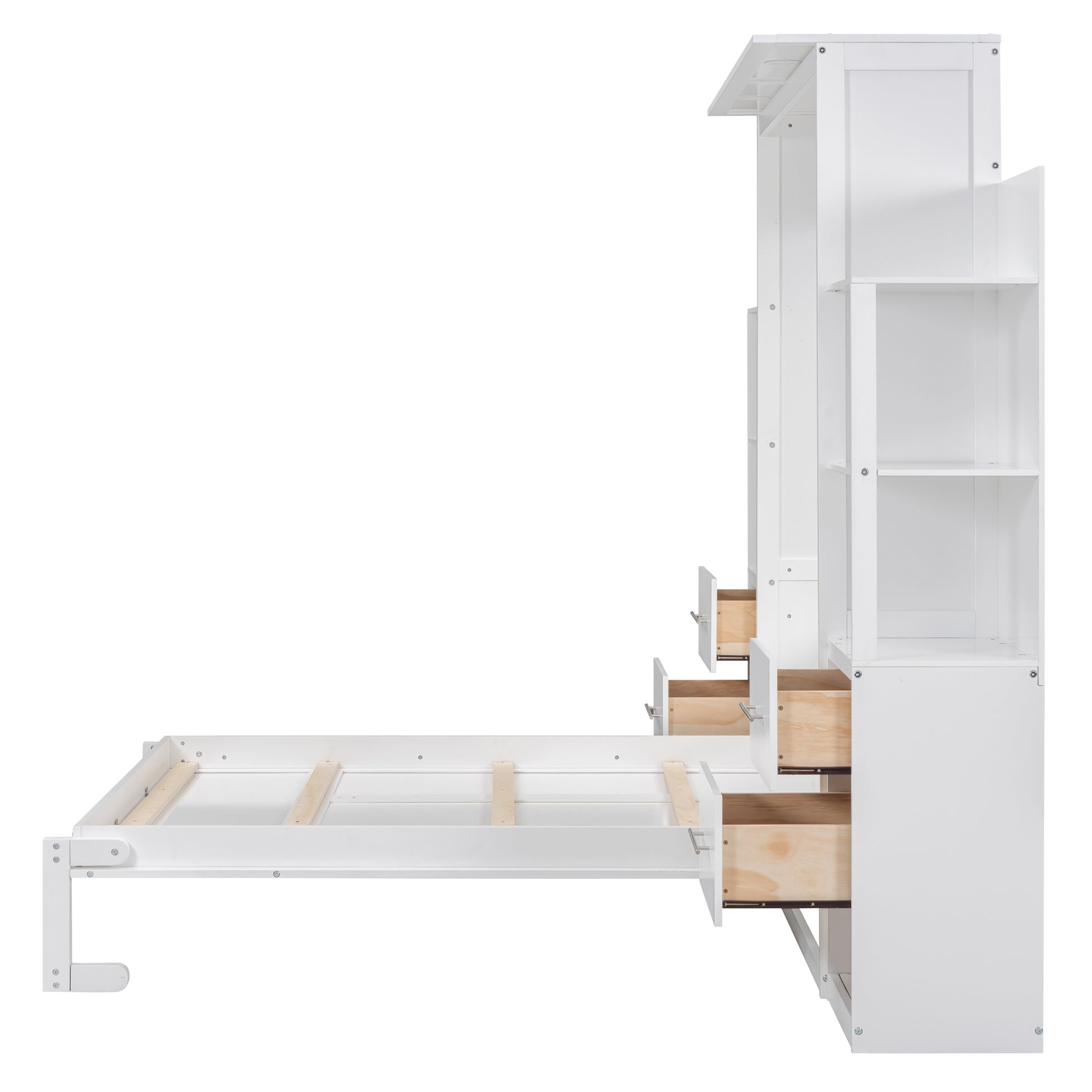 Full Size Murphy Bed Wall Bed With Shelves, Drawers And Led Lights,White White Mdf Lvl