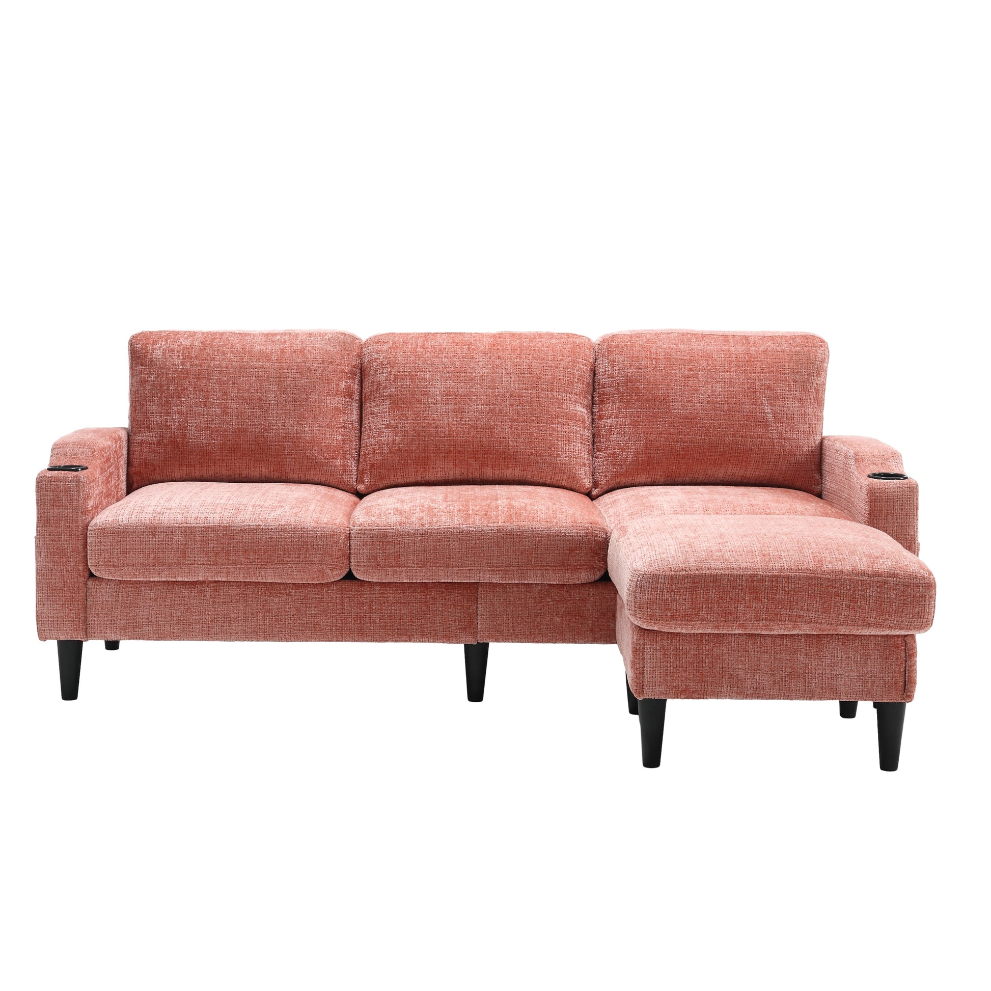 United We Win Sofa For Three, Solid Wood Frame, Chenille Fabric, Side Pocket, With Two Cup Holders, Footstool With Storagestorage Sofa Living Room Sofa Cozy Sectional Sofa Pink Chenille 3 Seat