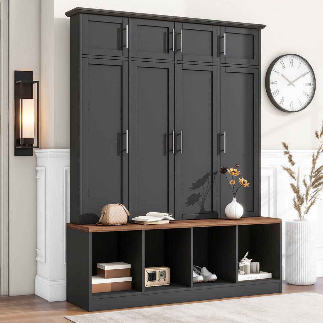 Multi Functional Hall Tree With 4 Hidden Hanging Hooks, Brown Wood Grain Bench With Multiple Storage Space, Entryway Cabinet With Open Compartments For Living Room, Hallway, Black Black Primary Living Space Particle Board