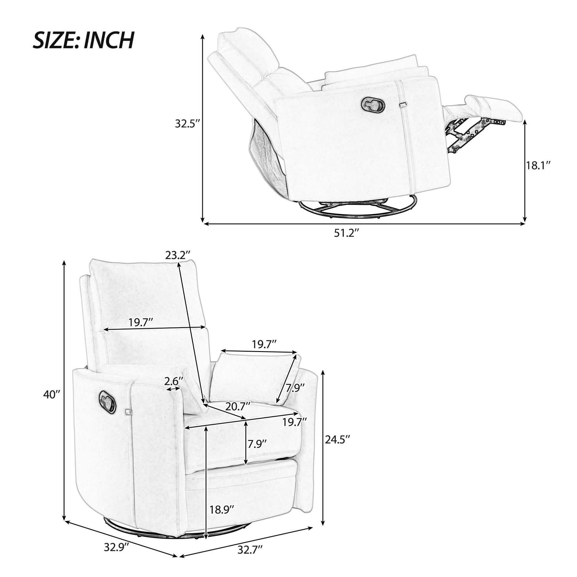 Upholstered Swivel Recliner Manual Rocker Recliner Chair Baby Nursery Chair With Two Removable Pillows For Living Room, Beige Beige Foam Linen