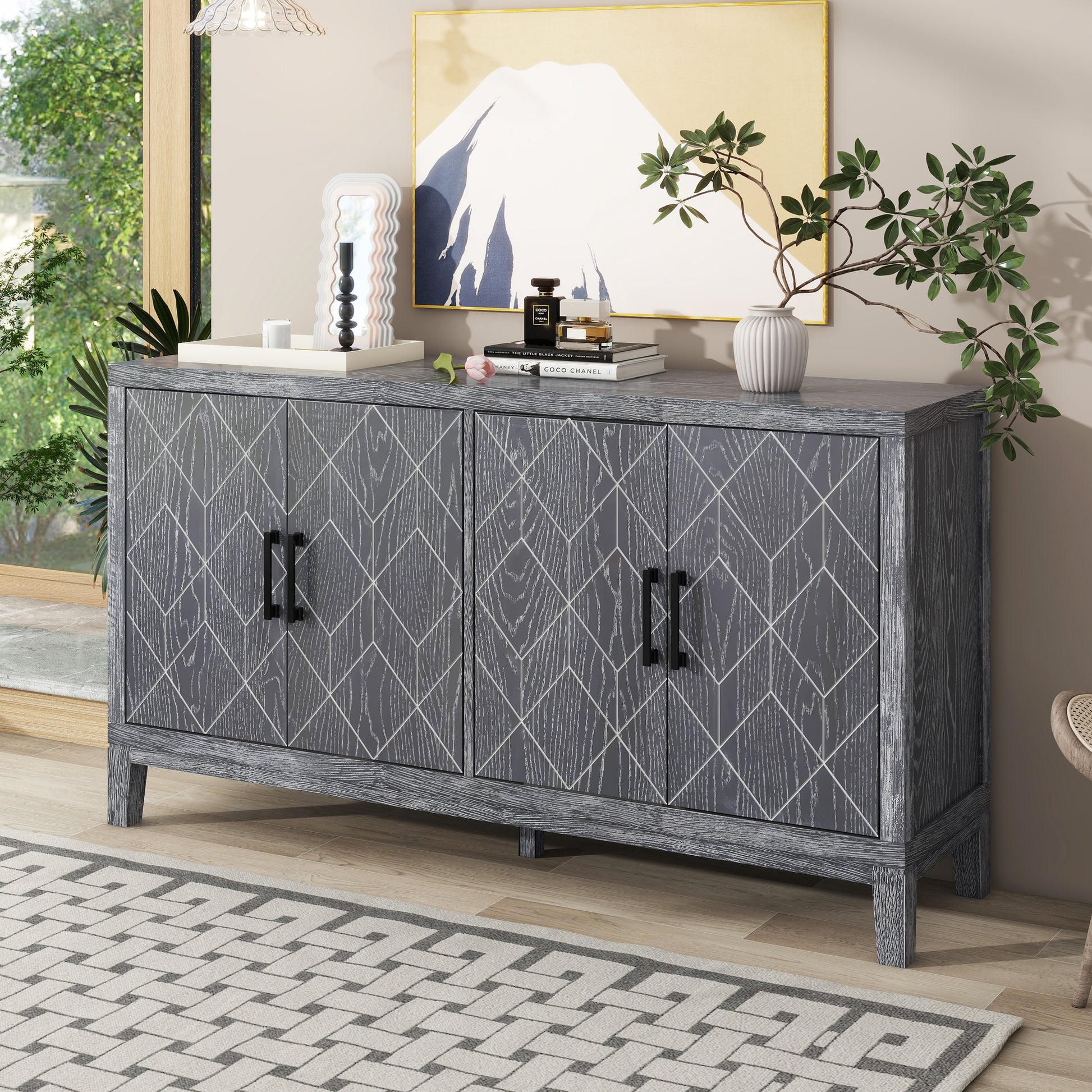 4 Door Retro Sideboard With Adjustable Shelves, Two Large Cabinet With Long Handle, For Living Room And Dining Room Light Gray Light Gray Mdf