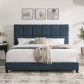 King Size Navy Blue Denim Squares Upholstered Platform Bed Box Spring Required King Blue Wood Bedroom Contemporary,Modern,Transitional Panel Polyester Fabric