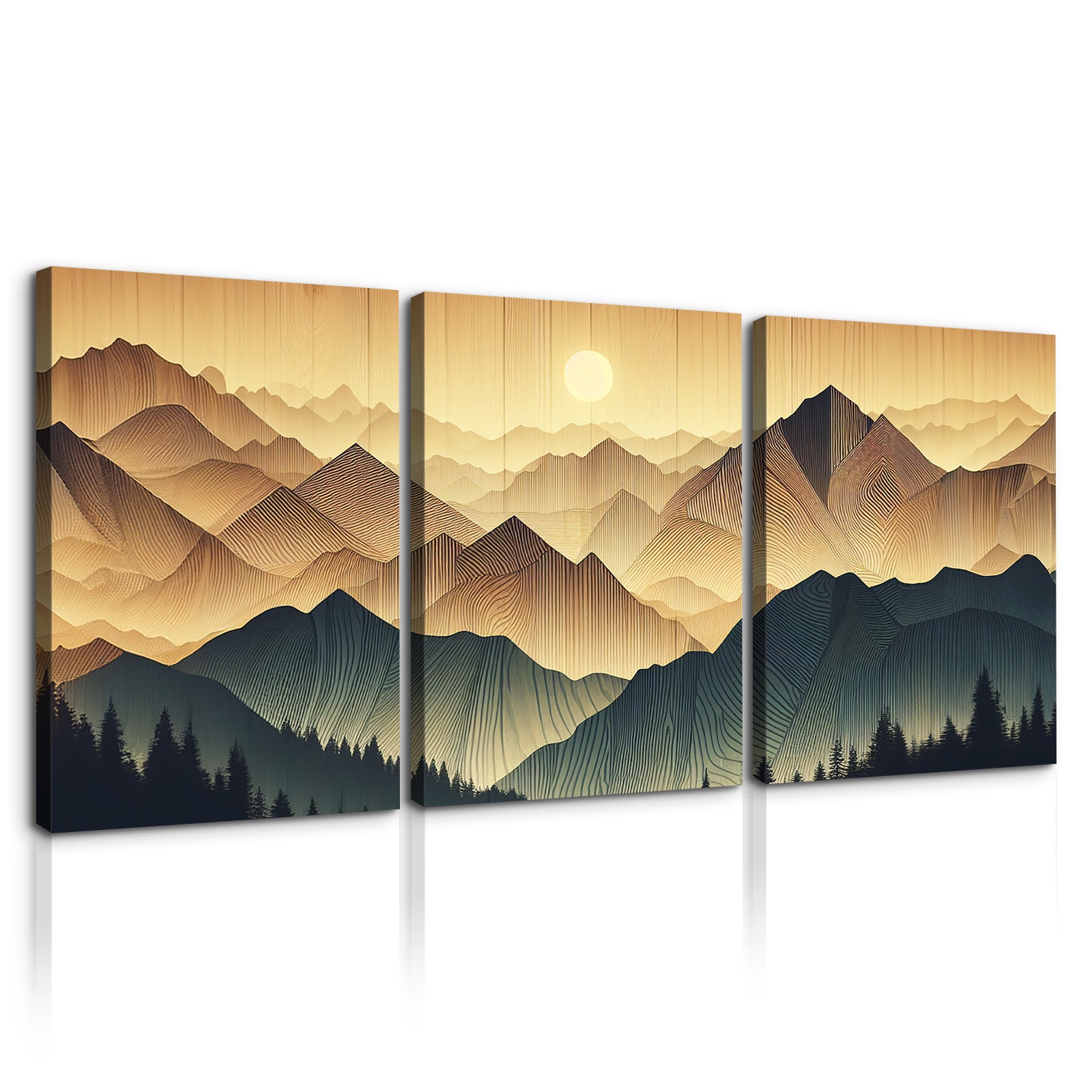 3 Panels Framed Abstract Wood Grain Boho Style Mountain & Forest Canvas Wall Art Decor,3 Pieces Mordern Canvas Decoration Painting For Office,Dining Room,Living Room, Bedroom Decor Ready To Hang Rectangle Framed Multicolor Oversized 41In Canvas Nature