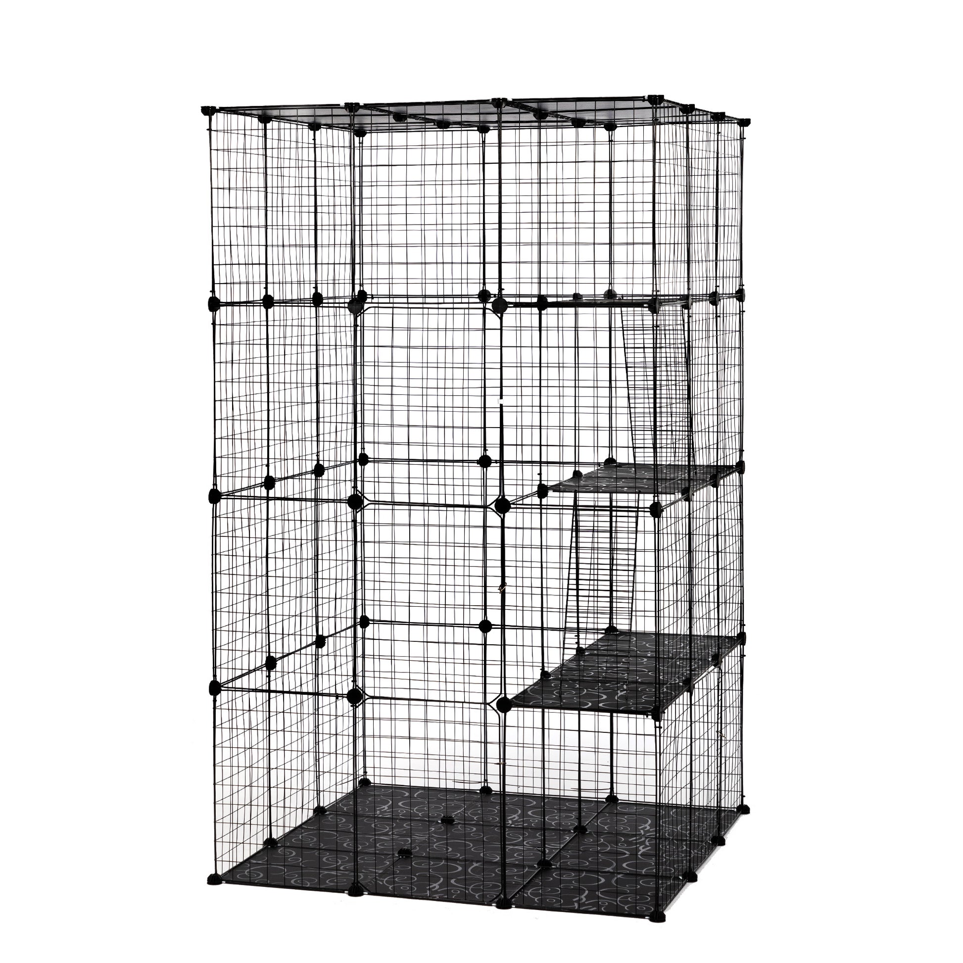 3 Tier Wire Cat Cage, Large Kennels Playpen With 3 Platforms, 3 Ramp Ladders And 4 Doors, Black Black Metal