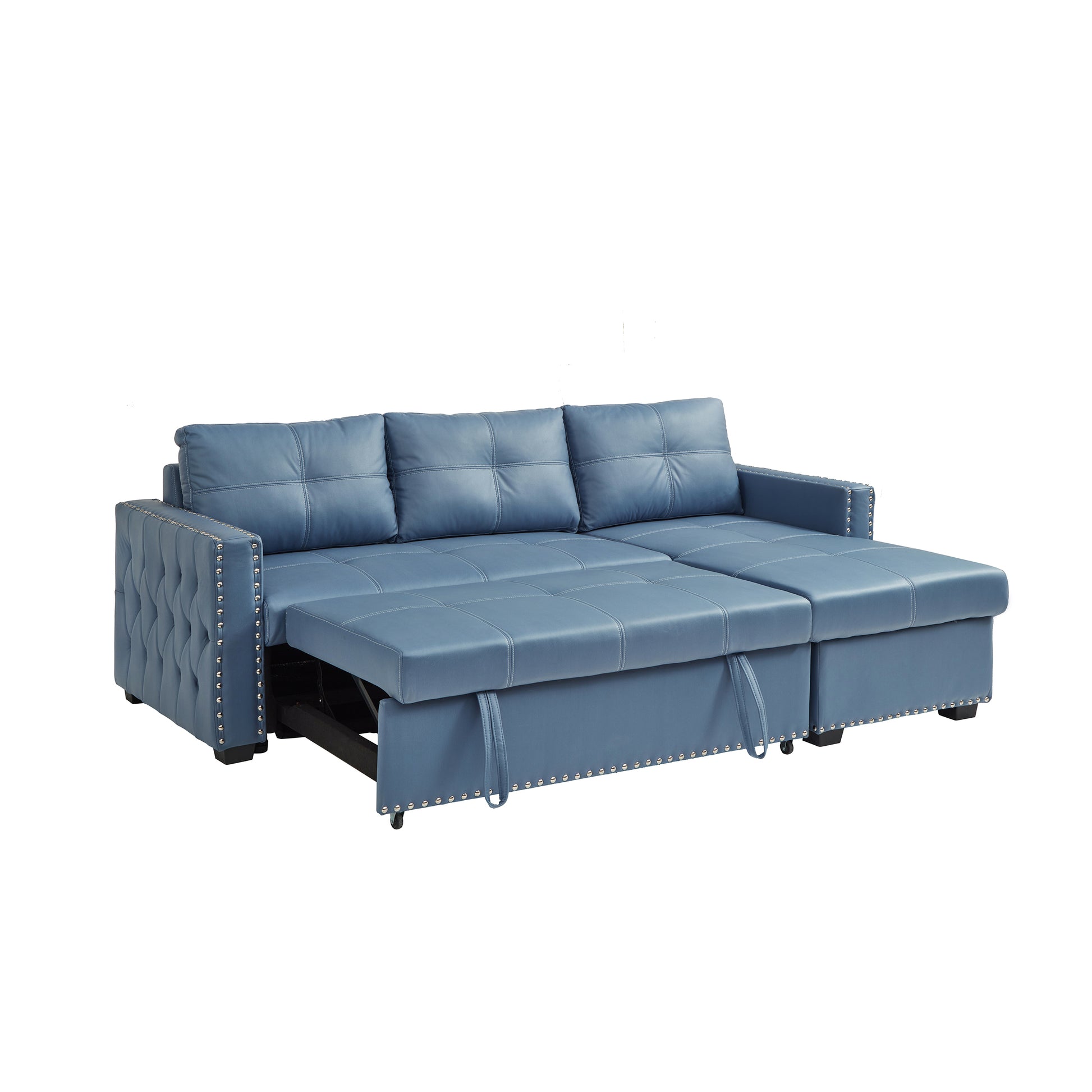 88" Convertible Pull Out Sofa Bed With Storage Chaise Sofa Bed Microfiber Fabric Upholstery Blue Blue Microfiber