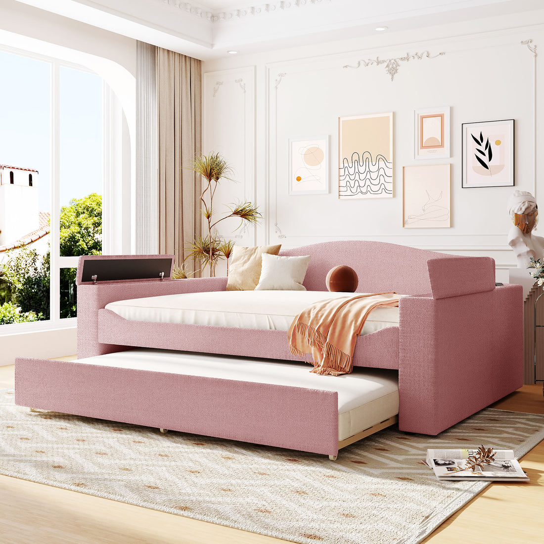 Full Size Upholstered Daybed With Storage Armrests, Trundle And Latest Integrated Bluetooth Audio System, Teddy Fleece, Pink Pink Fleece