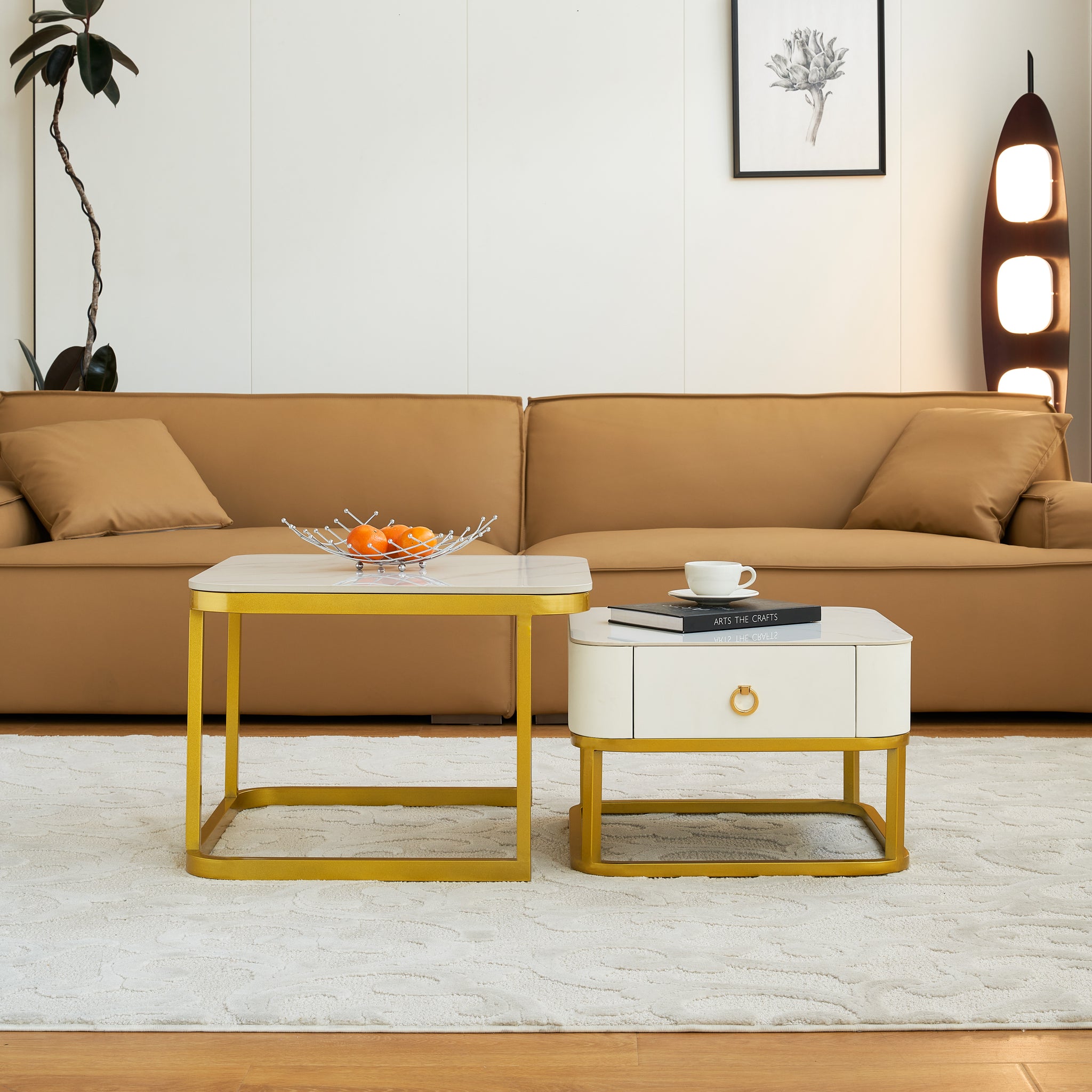 Modern Marble Nesting Table, Coffee Table Set Of 2 End Table For Living Room,Stacking Side Tables, For Living Room Bedroom, Accent Tea Table With Metal Frame, Sturdy And Easy Assembly, Gold Gold Sintered Stone