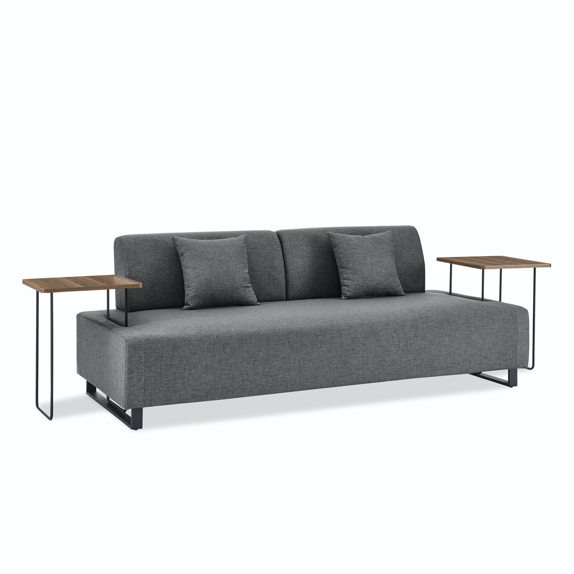 Linen Fabric 3 Seat Sofa With Two End Tables And Two Pillows, Removable Back And Armrest, Morden Style Upholstered 3 Seat Couch For Living Room Grey Linen Wood Medium Soft Loose Back Eucalyptus Square Arms Foam 3 Seat