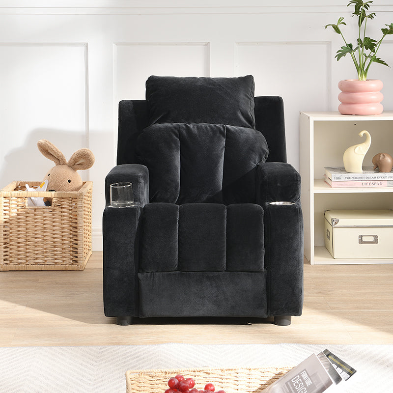 Kids Recliner Chair, Kids Upholstered Couch With Two Cup Holder, Footrest, Backrest, Toddlers Velvet Recliner With Headrest And Footrest Black Altay Velvet