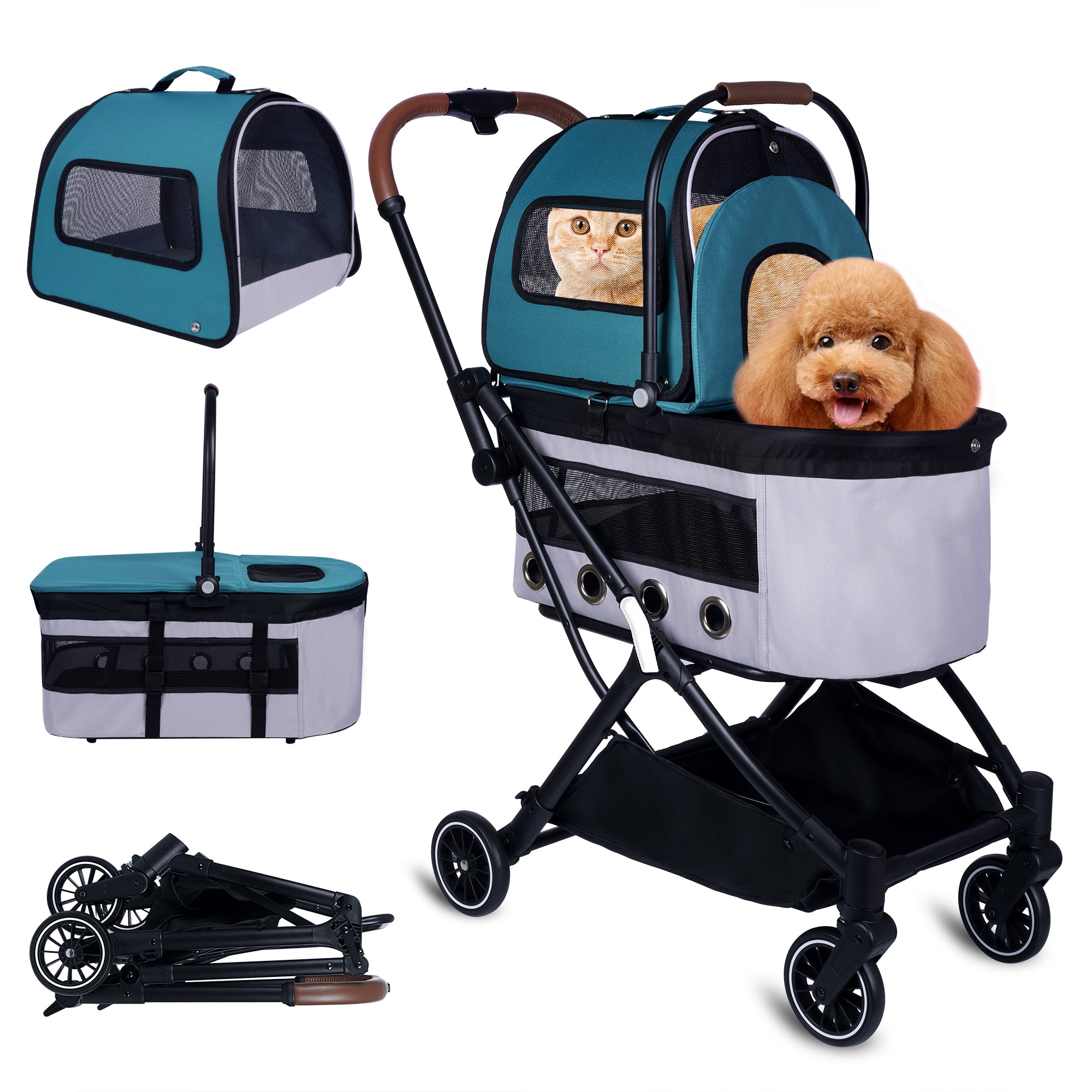 Automatic Folding Double Decker Pet Trolley, Separate Pet Trolley Lightweight Small And Medium Dog Cat Dog Trolley Dark Green Oxford Fabric