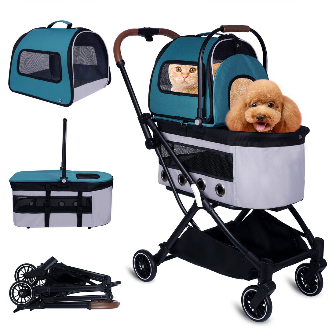 Automatic Folding Double Decker Pet Trolley, Separate Pet Trolley Lightweight Small And Medium Dog Cat Dog Trolley Dark Green Oxford Fabric