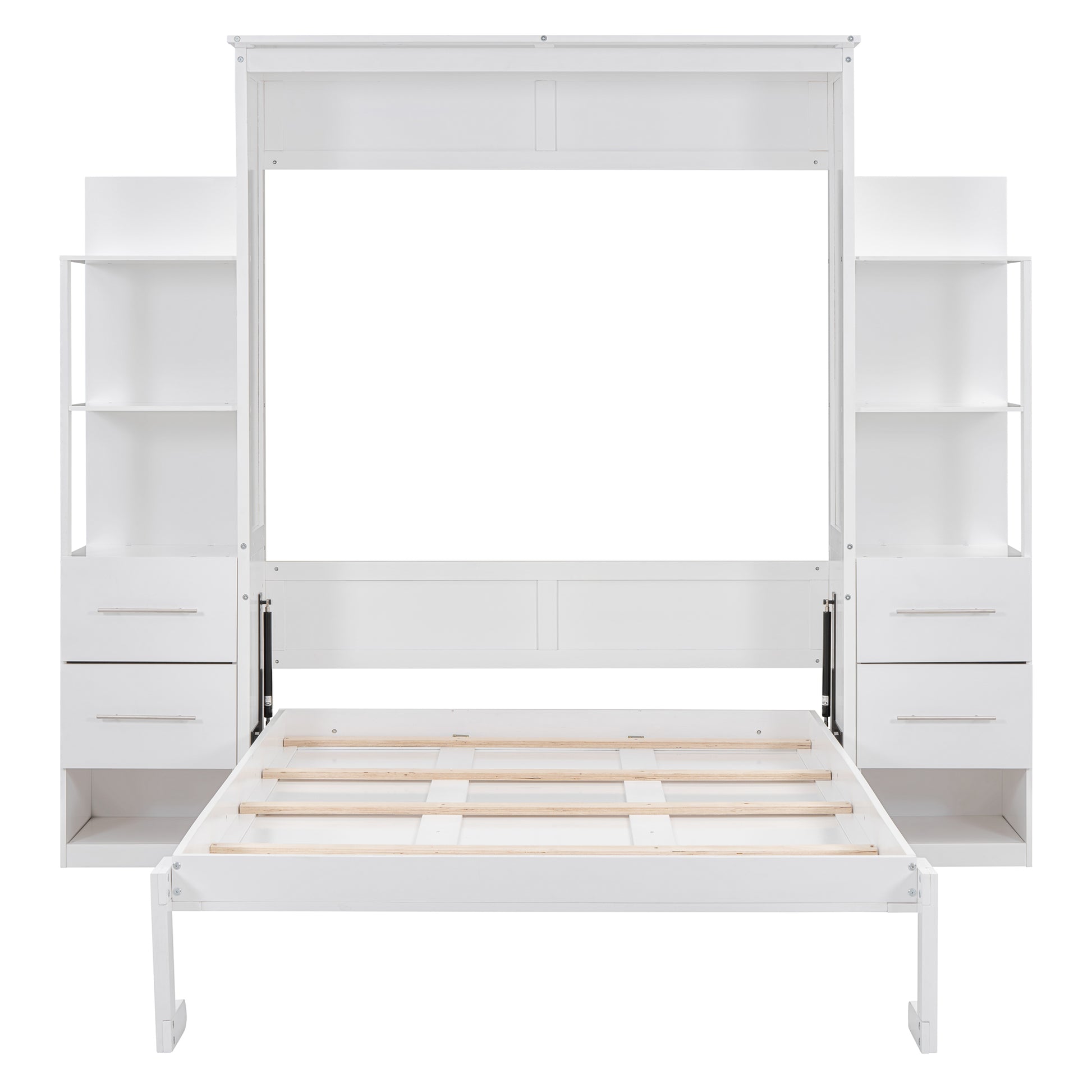 Full Size Murphy Bed Wall Bed With Shelves, Drawers And Led Lights,White White Mdf Lvl