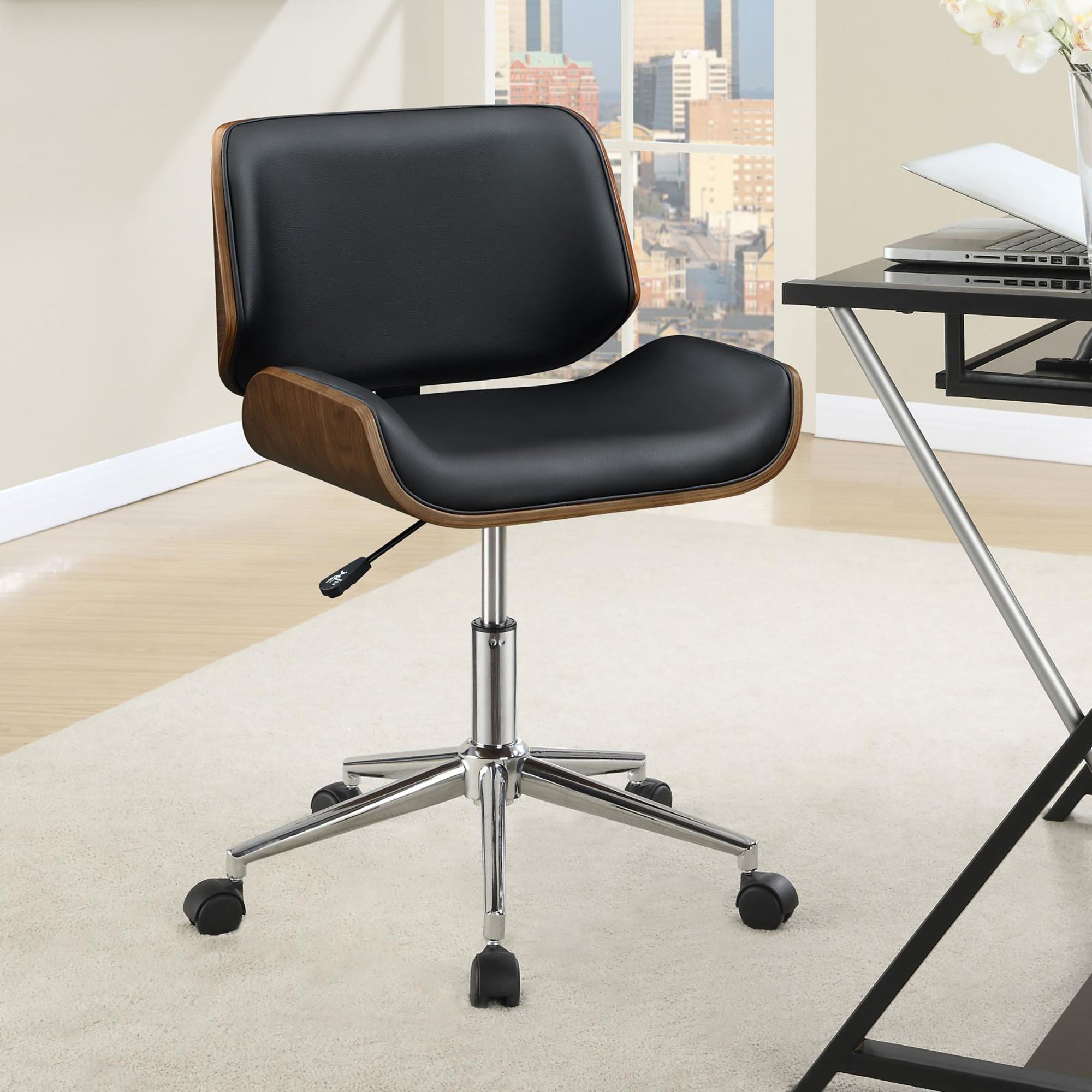 Black And Walnut Swivel Office Chair Solid Black Office Spot Clean Contemporary,Modern Office Chairs Solid Back Foam Adjustable Height Upholstered