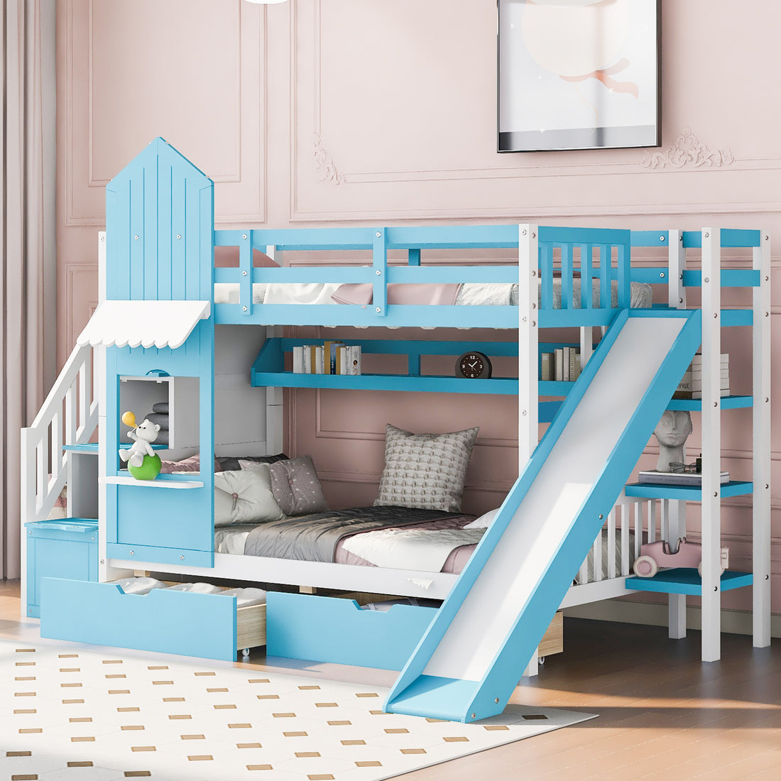 Twin Over Twin Castle Style Bunk Bed With 2 Drawers 3 Shelves And Slide Blue Blue Solid Wood