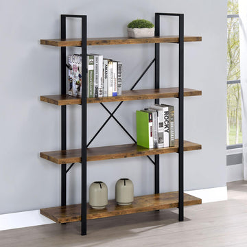 Antique Nutmeg And Black 4 Tier Open Back Bookcase 4 Brown Etagere Horizontal Office Open Back Wood Farmhouse,Rustic Wood