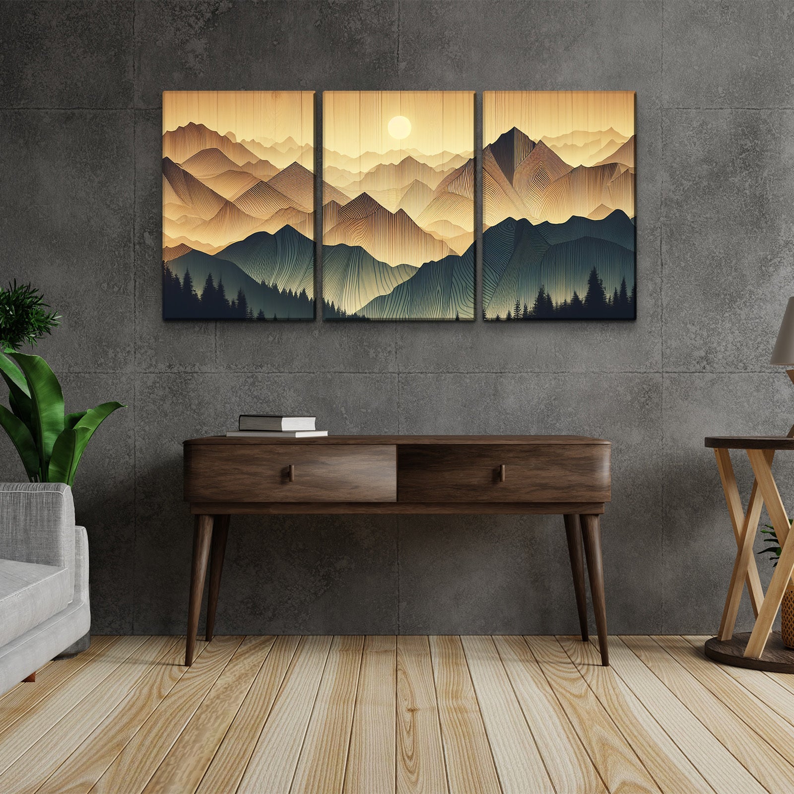 3 Panels Framed Abstract Wood Grain Boho Style Mountain & Forest Canvas Wall Art Decor,3 Pieces Mordern Canvas Decoration Painting For Office,Dining Room,Living Room, Bedroom Decor Ready To Hang Rectangle Framed Multicolor Oversized 41In Canvas Nature