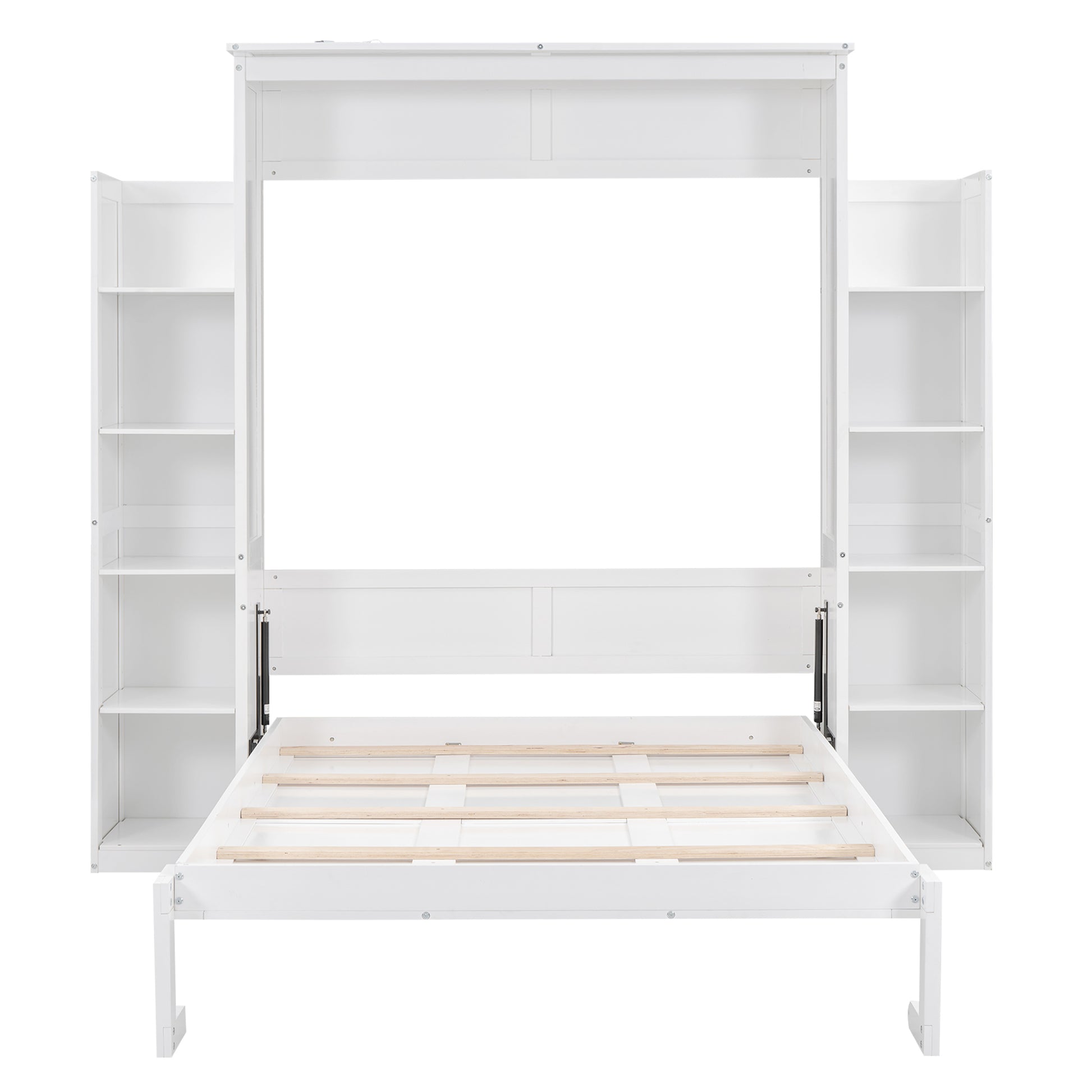 Full Size Murphy Bed Wall Bed With Shelves And Led Lights,White White Solid Wood Mdf