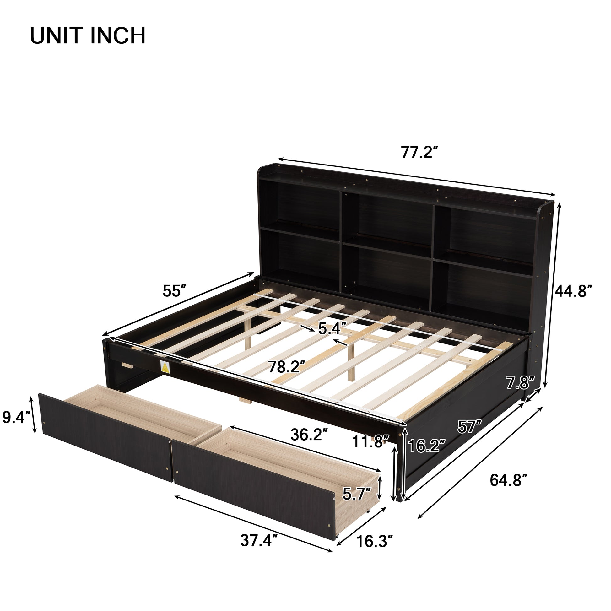 Full Bed With Side Bookcase, Drawers,Espresso Full Espresso Pine