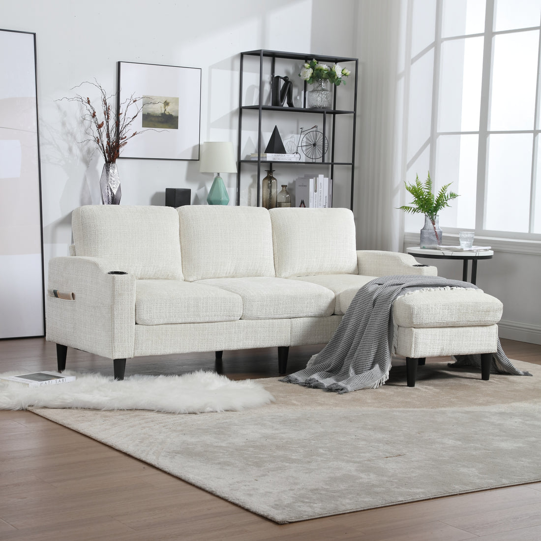 United Storage Sofa Living Room Sofa Cozy Sectional Sofa Beige Chenille 3 Seat