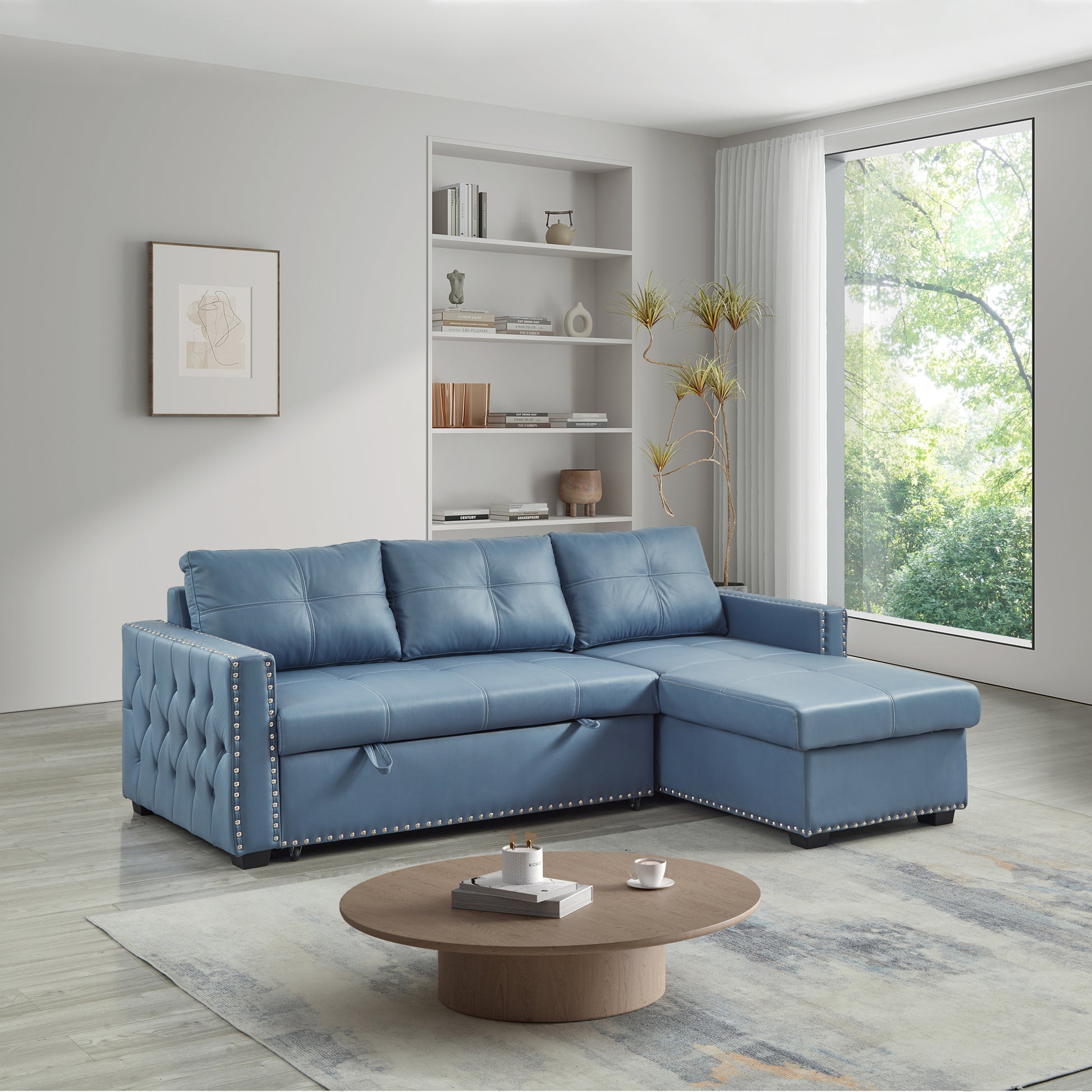 88" Convertible Pull Out Sofa Bed With Storage Chaise Sofa Bed Microfiber Fabric Upholstery Blue Blue Microfiber