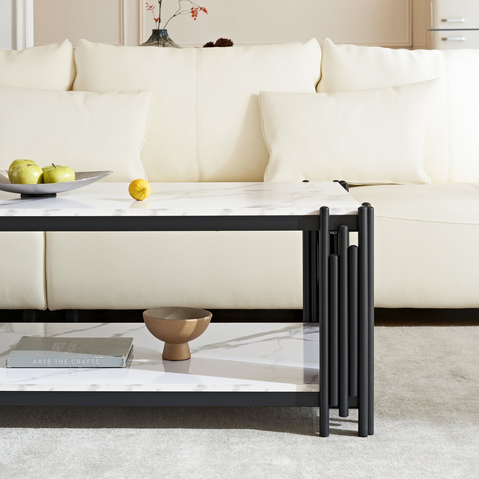 2 Tier Faux Marbling Coffee Table With Storage Shelf For Small Apartment Living Room, Modern Rectangle Wood And Stable Metal Tv Stand Side End Table, Black Black Primary Living Space Rectangular Open Storage Coffee & End Tables Mdf Metal