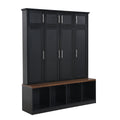 Multi Functional Hall Tree With 4 Hidden Hanging Hooks, Brown Wood Grain Bench With Multiple Storage Space, Entryway Cabinet With Open Compartments For Living Room, Hallway, Black Black Primary Living Space Particle Board