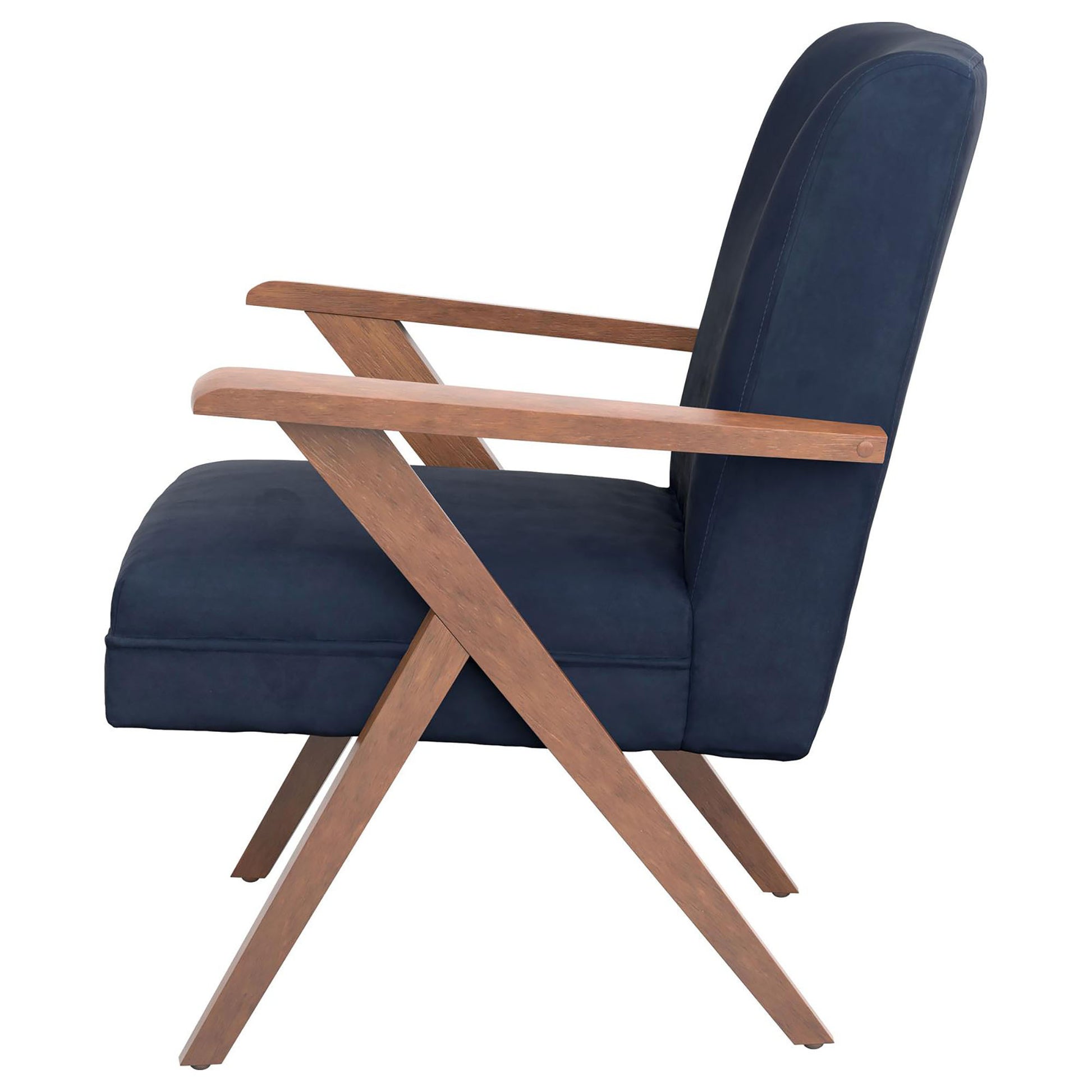 Dark Blue And Walnut Wooden Arms Accent Chair Blue Primary Living Space Mid Century Modern Rubberwood Foam Upholstered