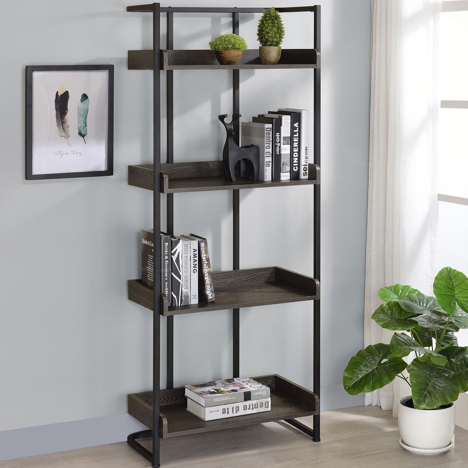 Dark Oak And Sandy Black 4 Shelf Open Back Bookcase 4 Black Standard Horizontal Office Open Back Wood Industrial Wood