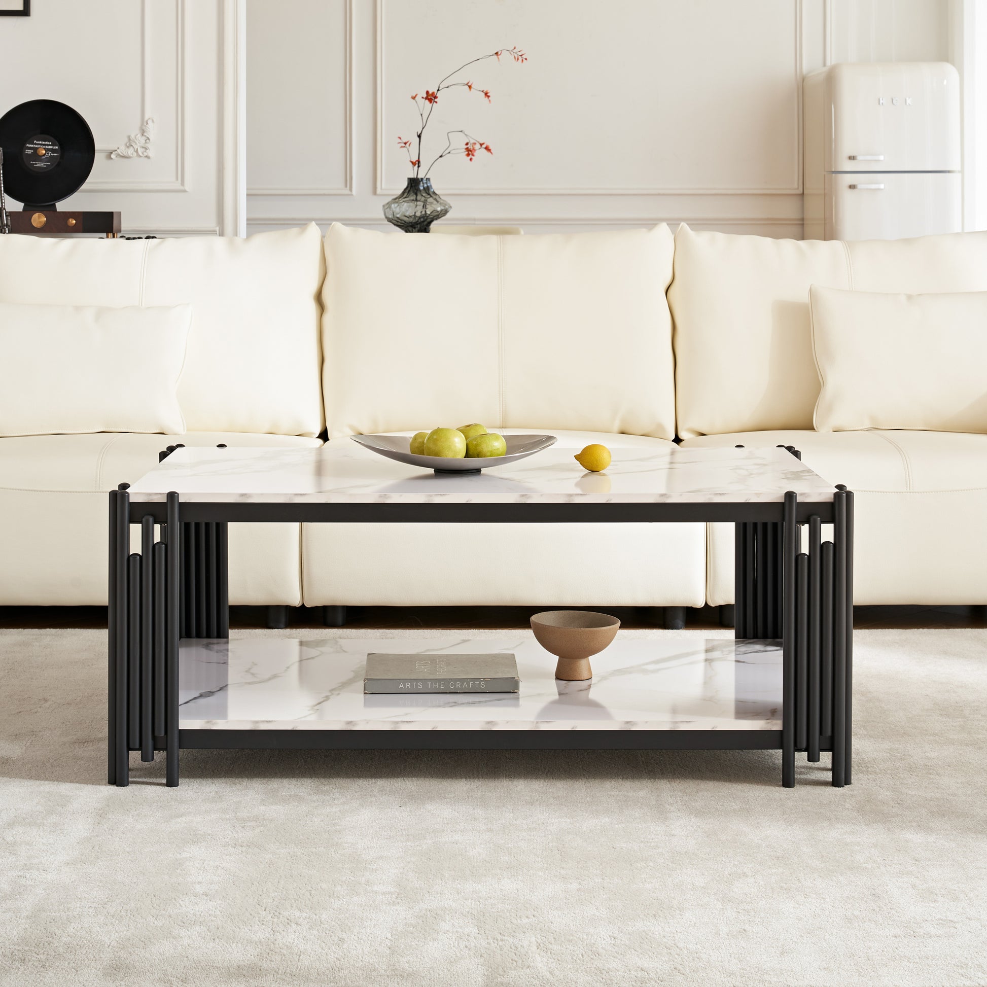 2 Tier Faux Marbling Coffee Table With Storage Shelf For Small Apartment Living Room, Modern Rectangle Wood And Stable Metal Tv Stand Side End Table, Black Black Primary Living Space Rectangular Open Storage Coffee & End Tables Mdf Metal
