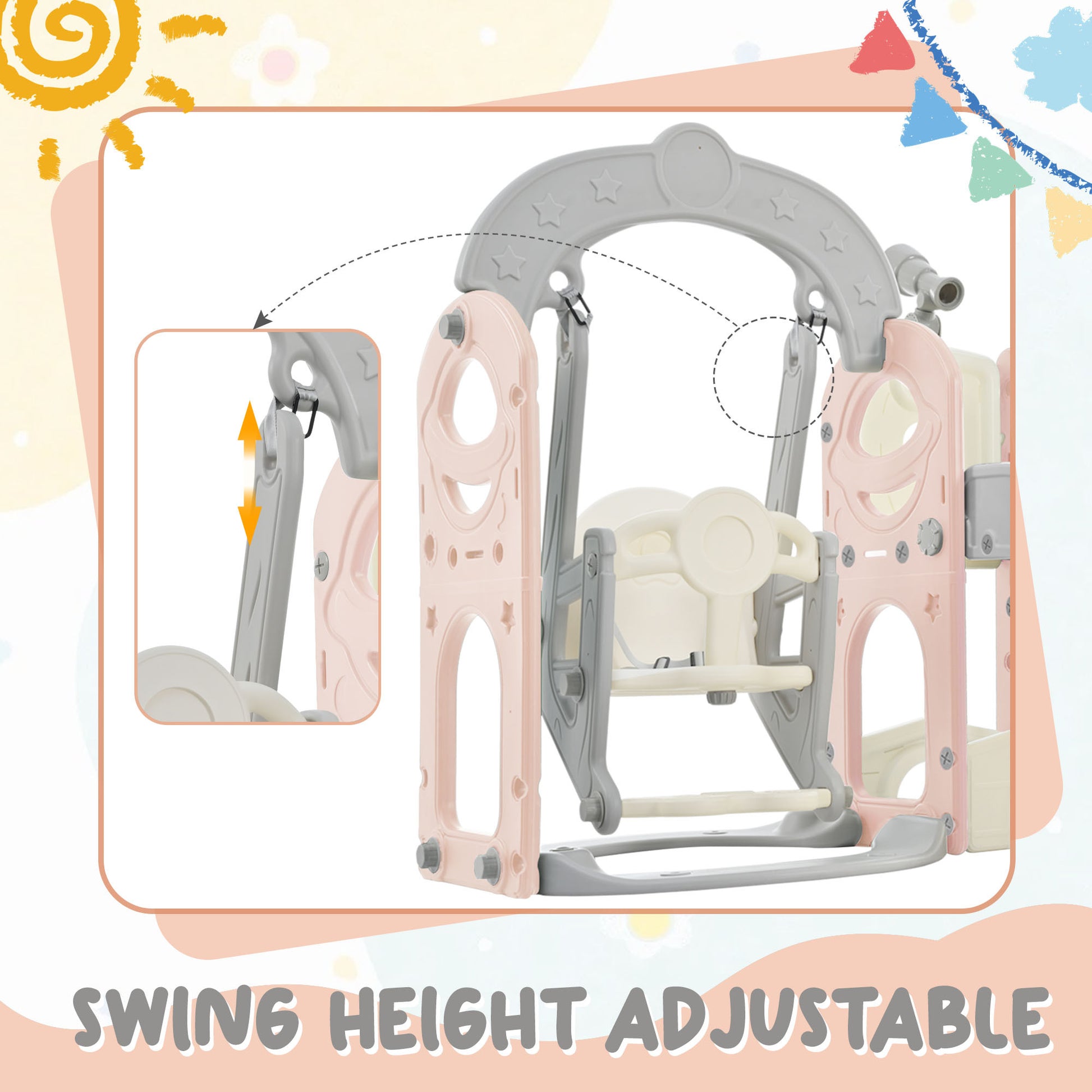 Toddler Slide And Swing Set 5 In 1, Kids Playground Climber Slide Playset With Telescope, Freestanding Combination For Babies Indoor & Outdoor Pink Grey Hdpe