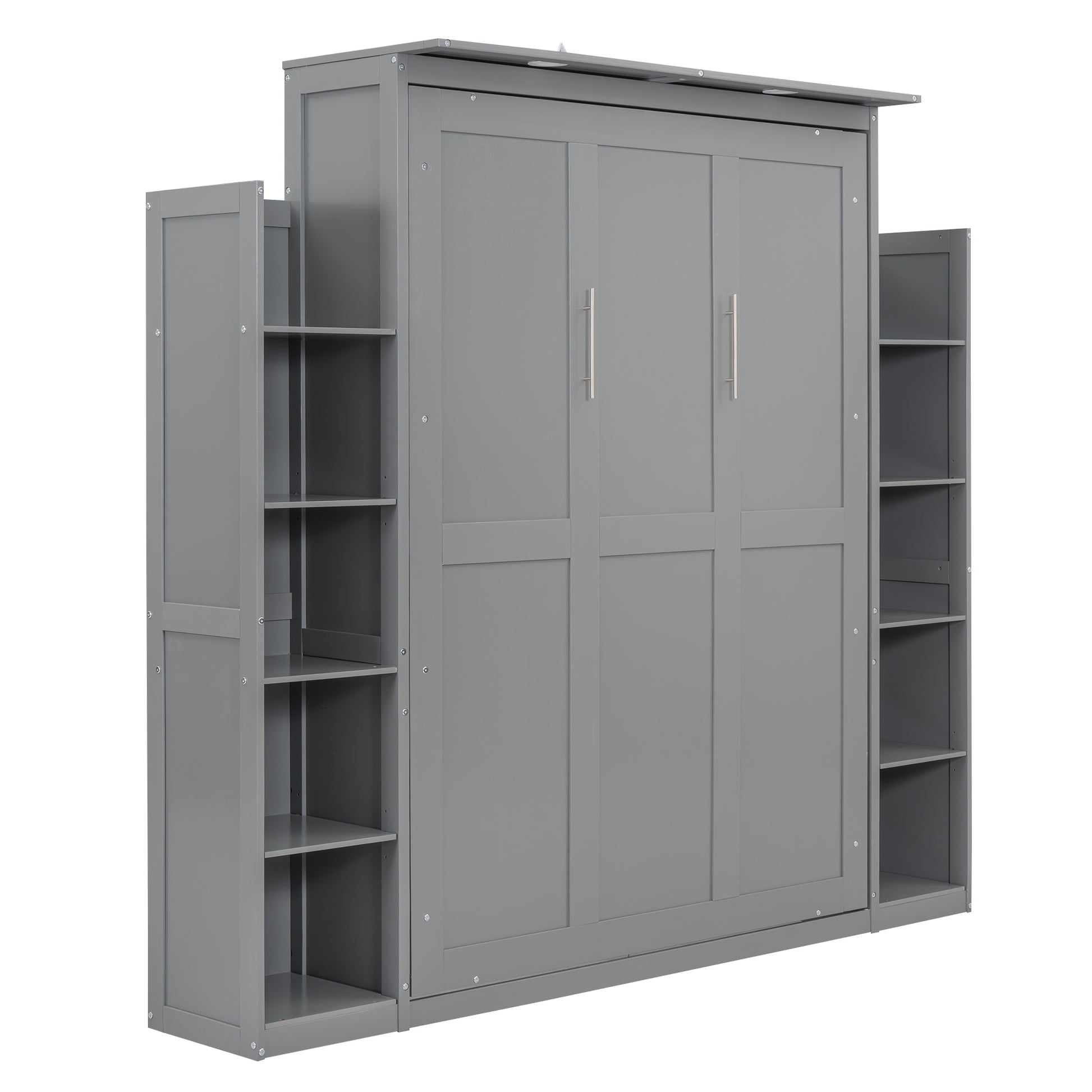 Full Size Murphy Bed Wall Bed With Shelves And Led Lights,Gray Gray Solid Wood Mdf