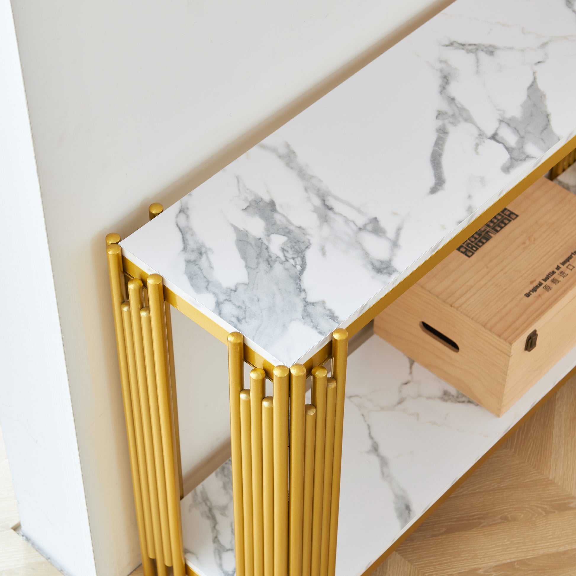 2 Tier Faux Marbling Console Table, Living Room Sofa Table, Modern Narrow Entryway Table, Hallway Entrance Table, Adjustable Feet, For Entrance, Hallway,Gold Gold Primary Living Space Rectangular Open Storage Coffee & End Tables Mdf Metal