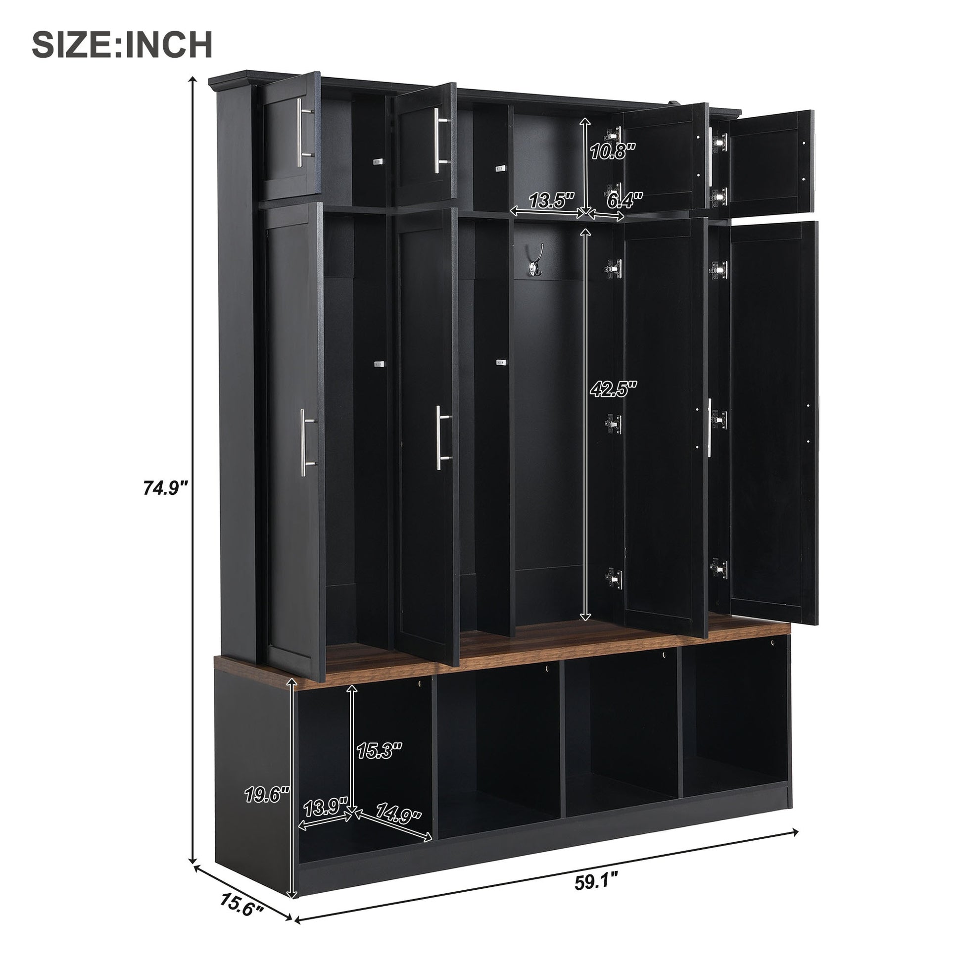 Multi Functional Hall Tree With 4 Hidden Hanging Hooks, Brown Wood Grain Bench With Multiple Storage Space, Entryway Cabinet With Open Compartments For Living Room, Hallway, Black Black Primary Living Space Particle Board