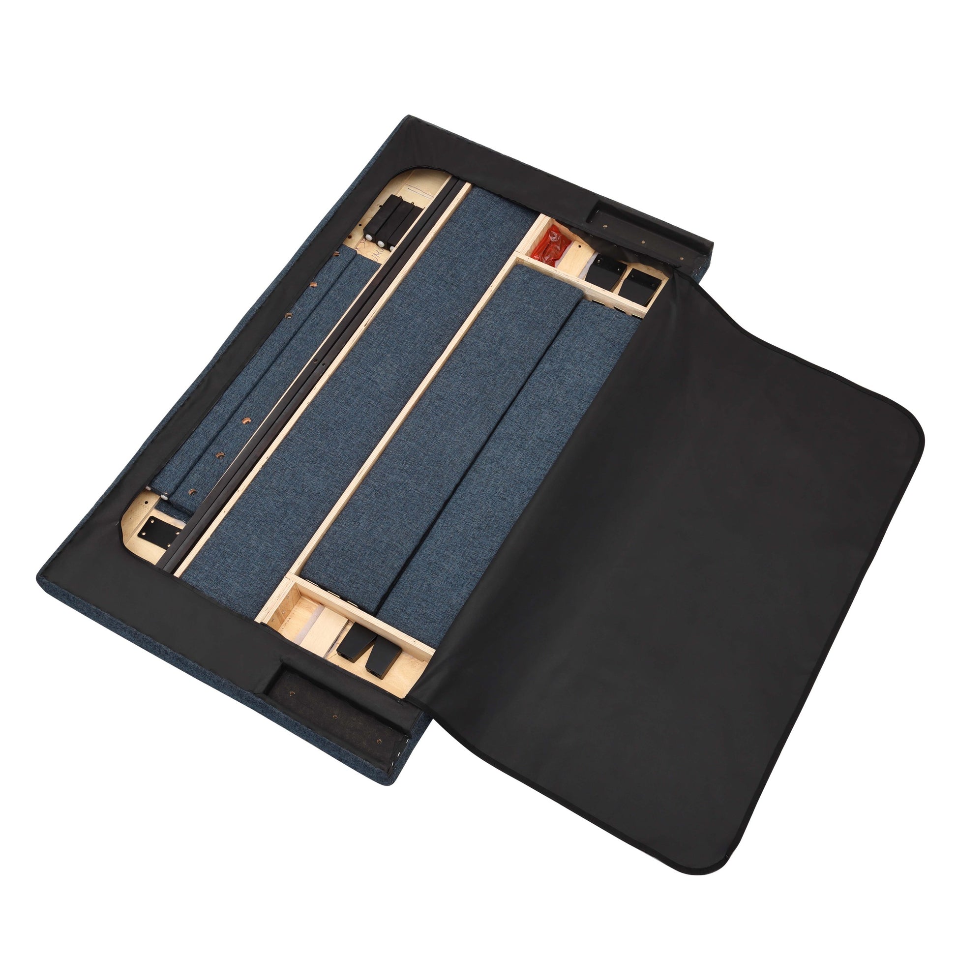 King Size Navy Blue Denim Squares Upholstered Platform Bed Box Spring Required King Blue Wood Bedroom Contemporary,Modern,Transitional Panel Polyester Fabric