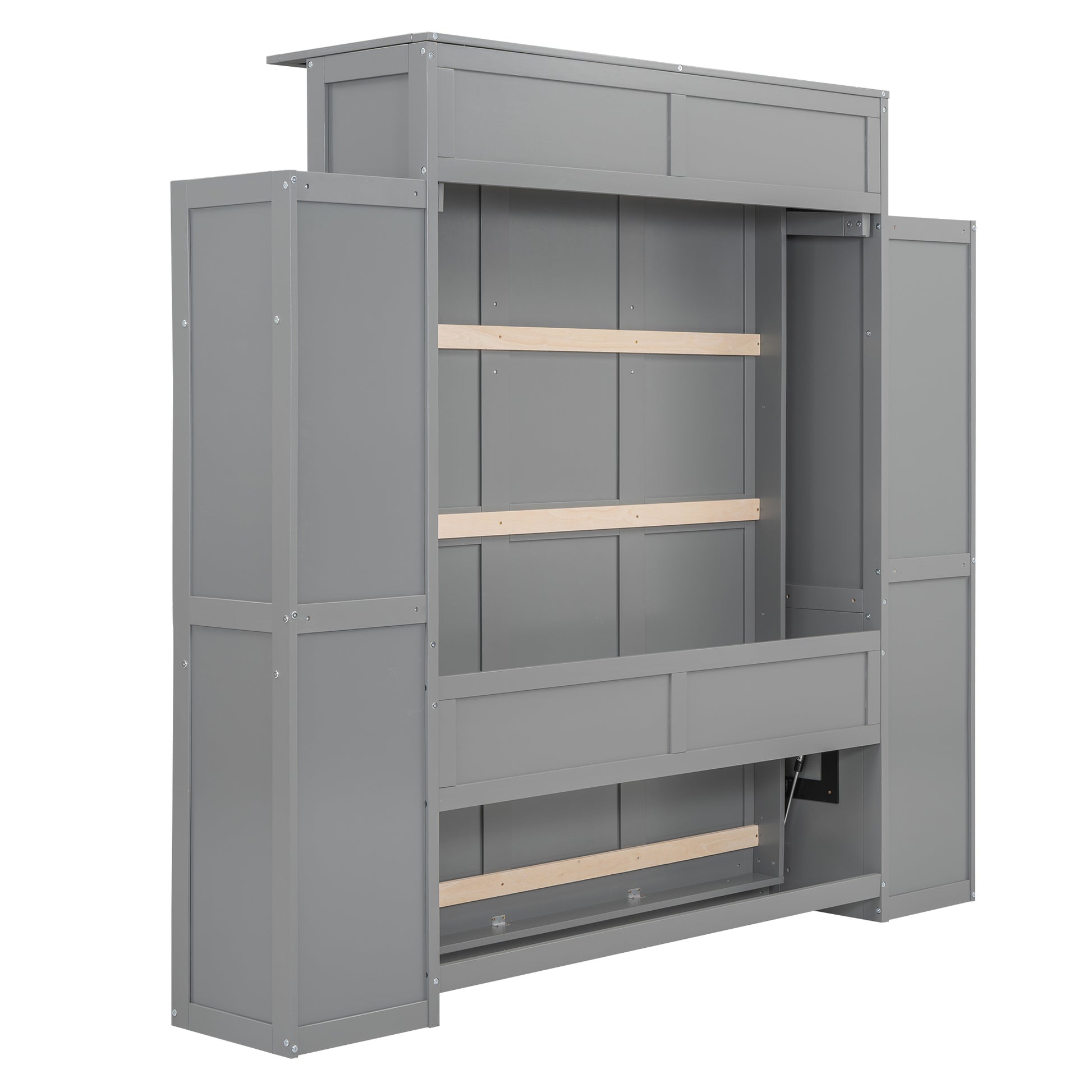 Full Size Murphy Bed Wall Bed With Shelves And Led Lights,Gray Gray Solid Wood Mdf