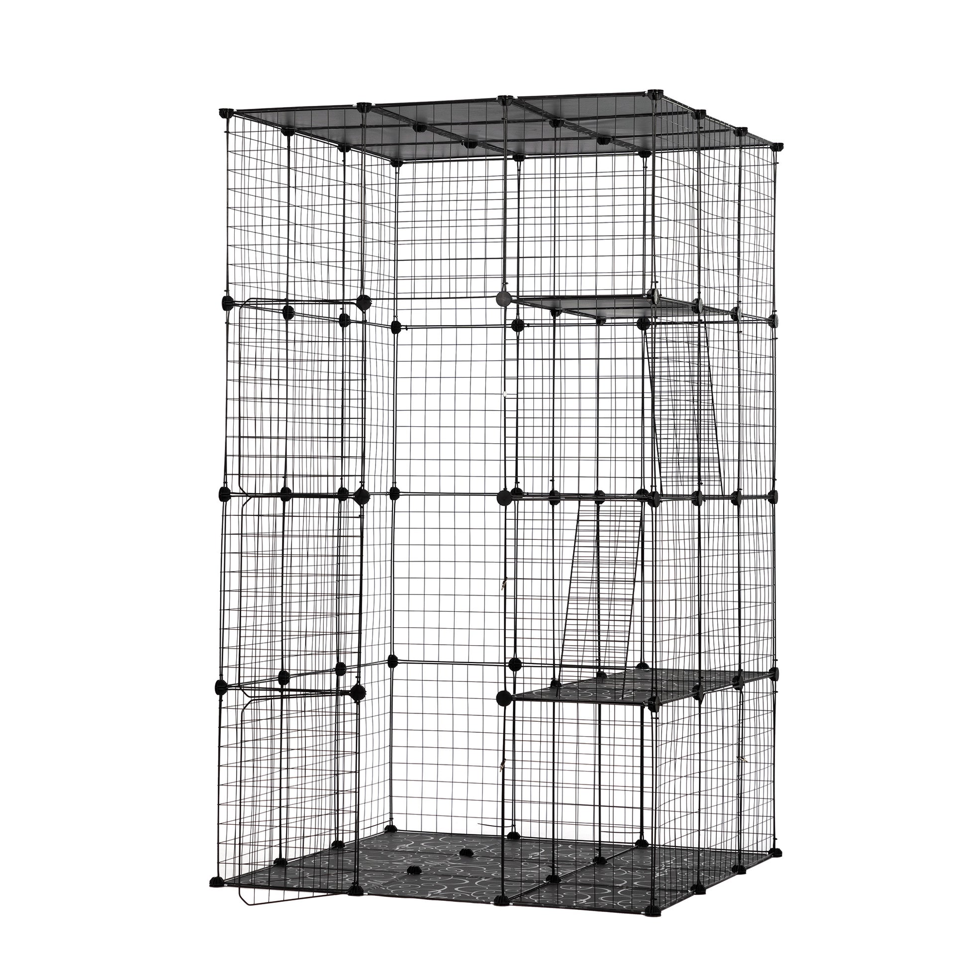 3 Tier Wire Cat Cage, Large Kennels Playpen With 3 Platforms, 3 Ramp Ladders And 4 Doors, Black Black Metal