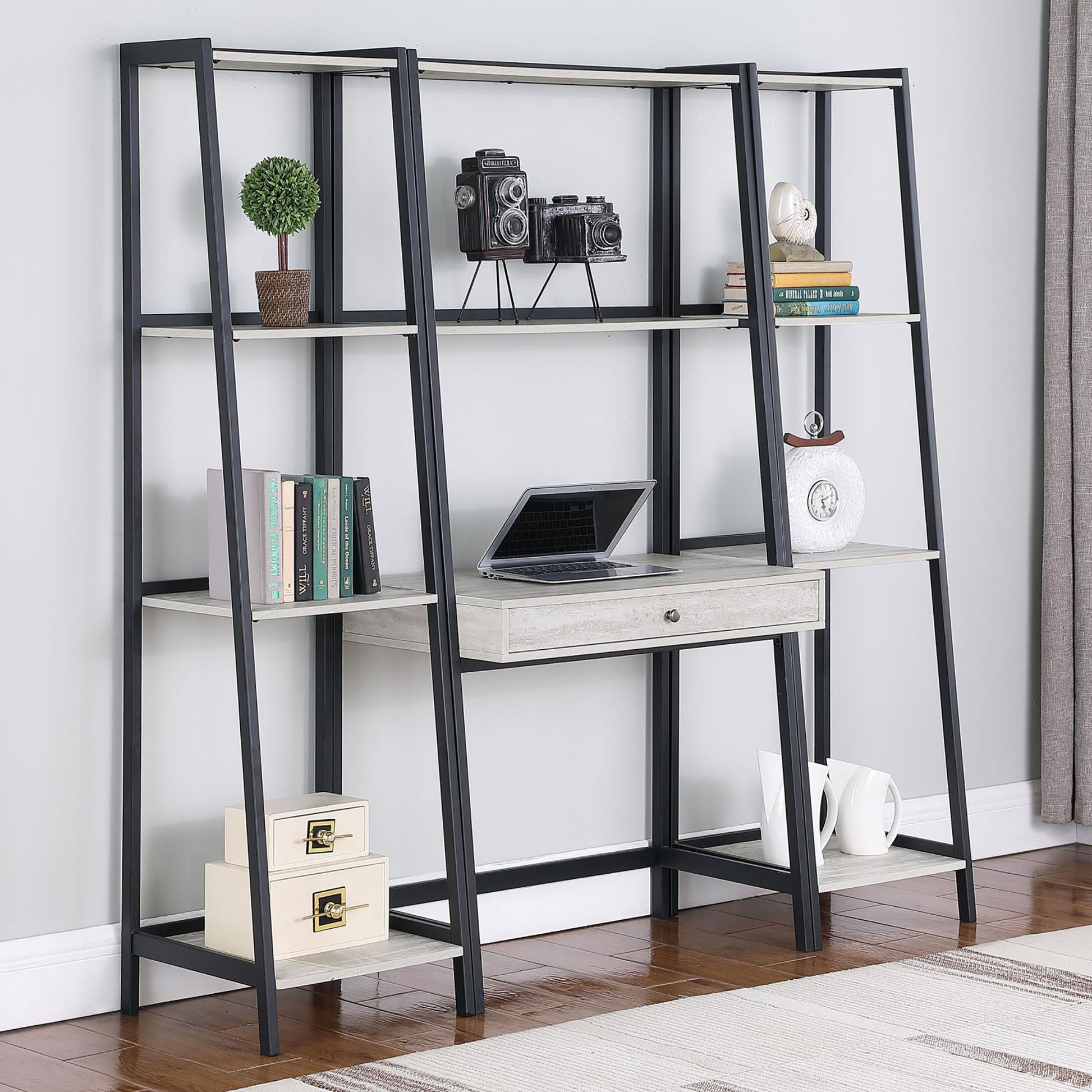 Grey Stone And Black Ladder Bookcase 4 Shelf 4 Grey Standard Horizontal Office Open Back Wood Industrial Metal