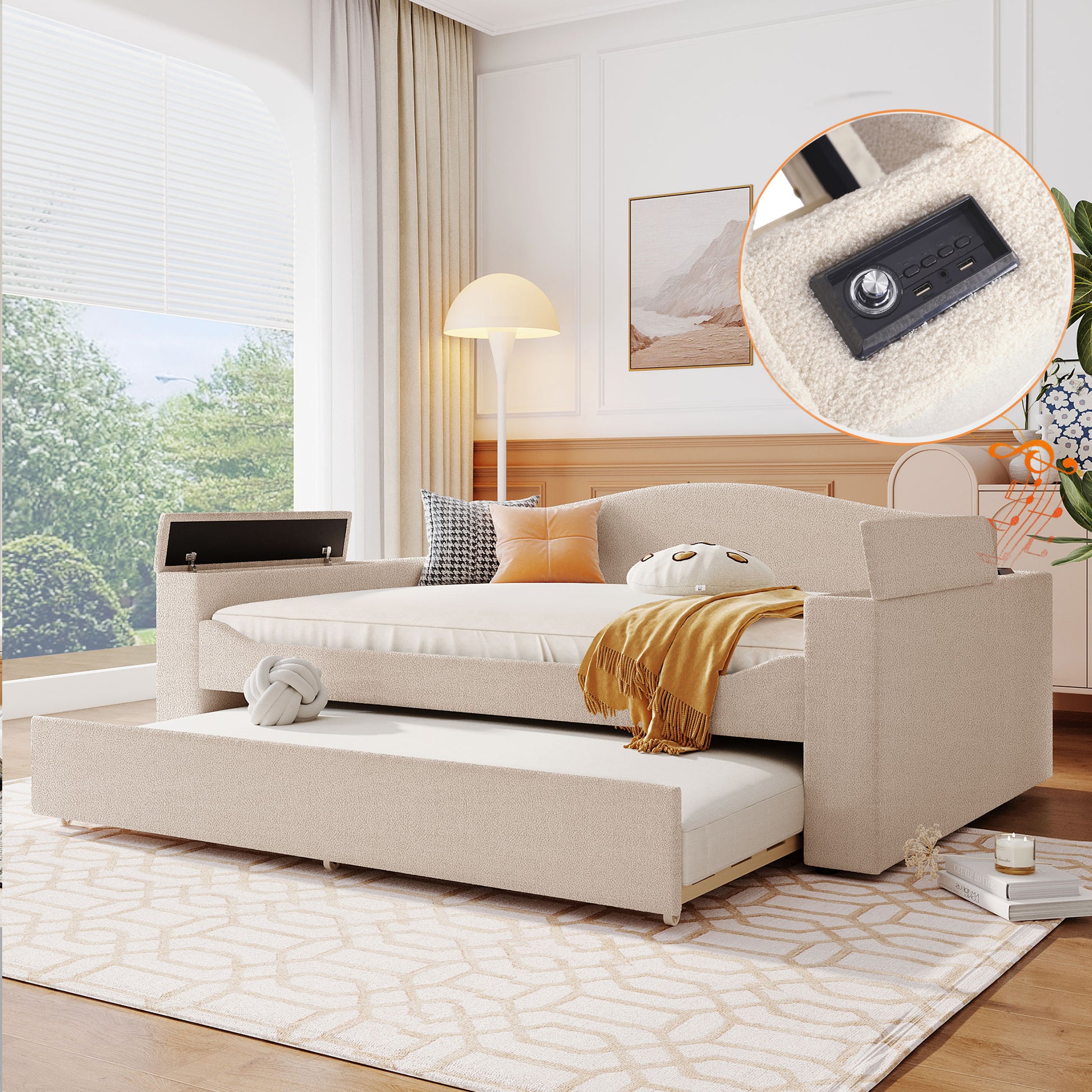 Full Size Upholstered Daybed With Storage Armrests, Trundle And Latest Integrated Bluetooth Audio System, Teddy Fleece, Beige Beige Fleece