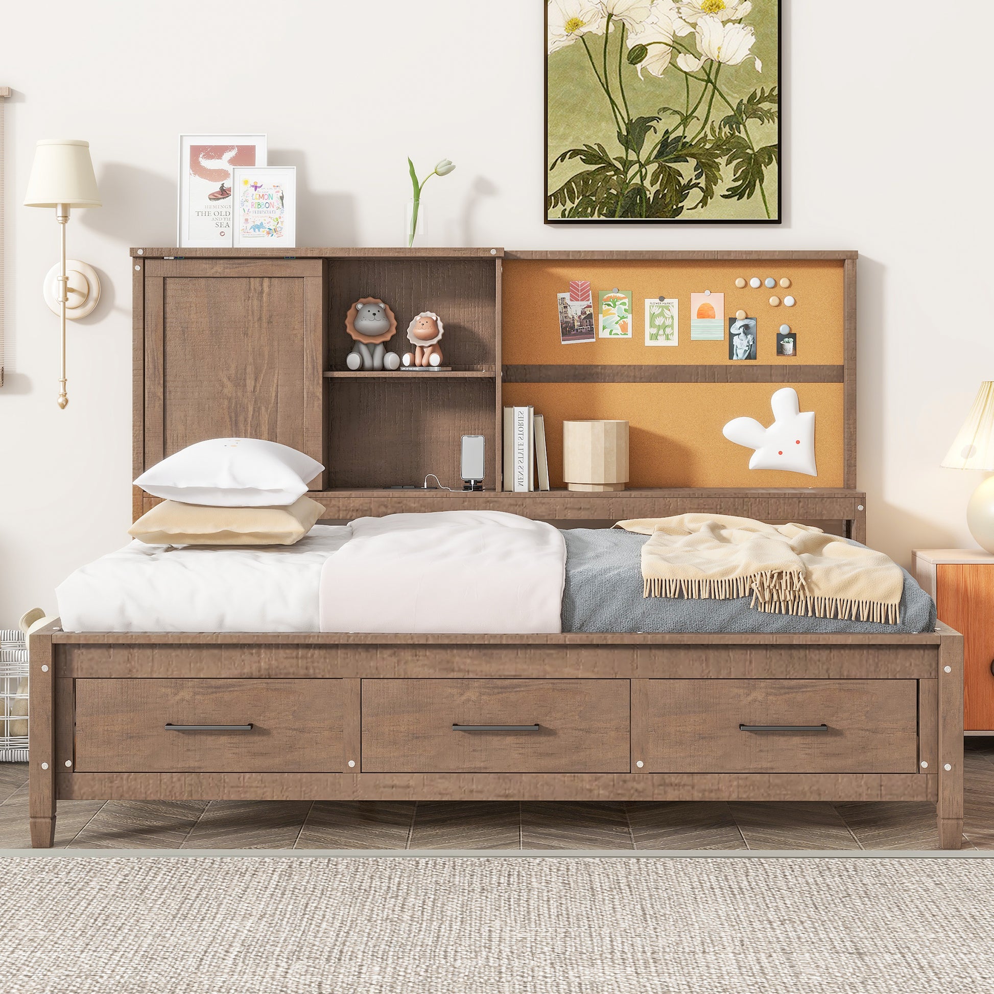 Twin Size Lounge Daybed With Storage Shelves, Cork Board, Usb Ports And 3 Drawers, Antique Wood Color Box Spring Not Required Twin Wood Bedroom Bed Frame Solid Wood Mdf