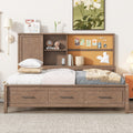 Twin Size Lounge Daybed With Storage Shelves, Cork Board, Usb Ports And 3 Drawers, Antique Wood Color Box Spring Not Required Twin Wood Bedroom Bed Frame Solid Wood Mdf