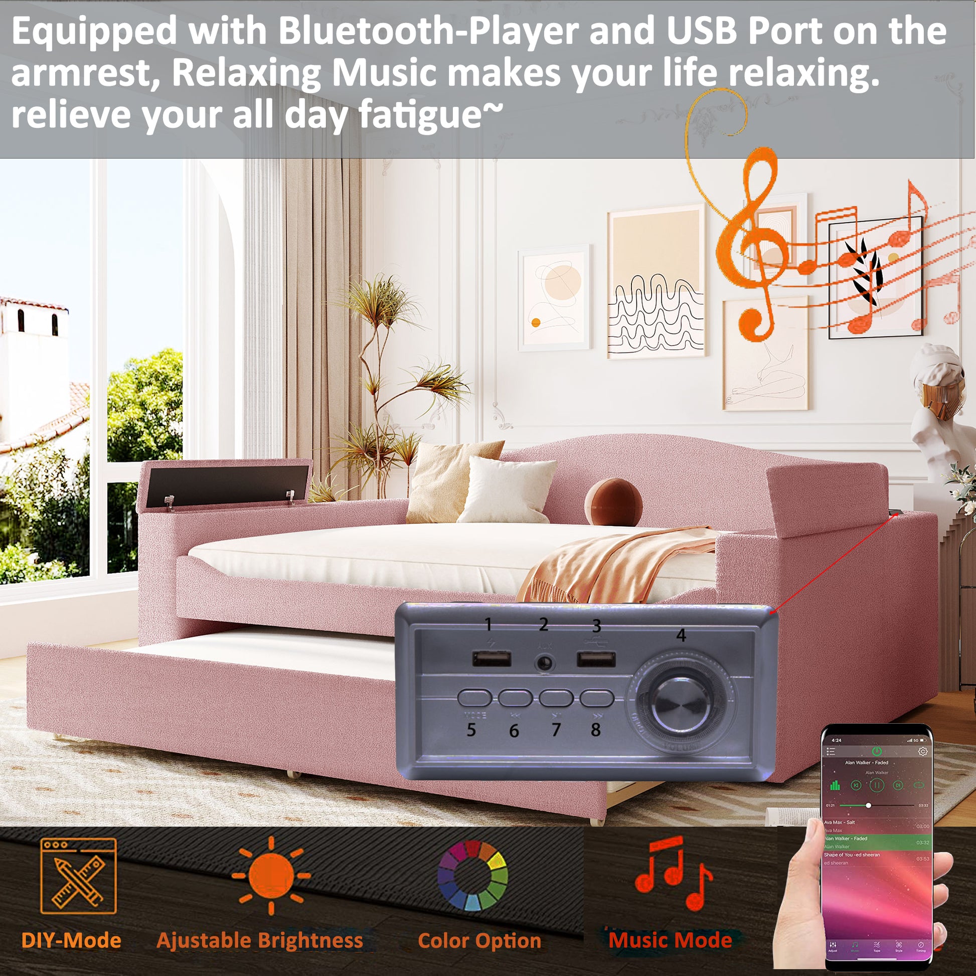 Full Size Upholstered Daybed With Storage Armrests, Trundle And Latest Integrated Bluetooth Audio System, Teddy Fleece, Pink Pink Fleece