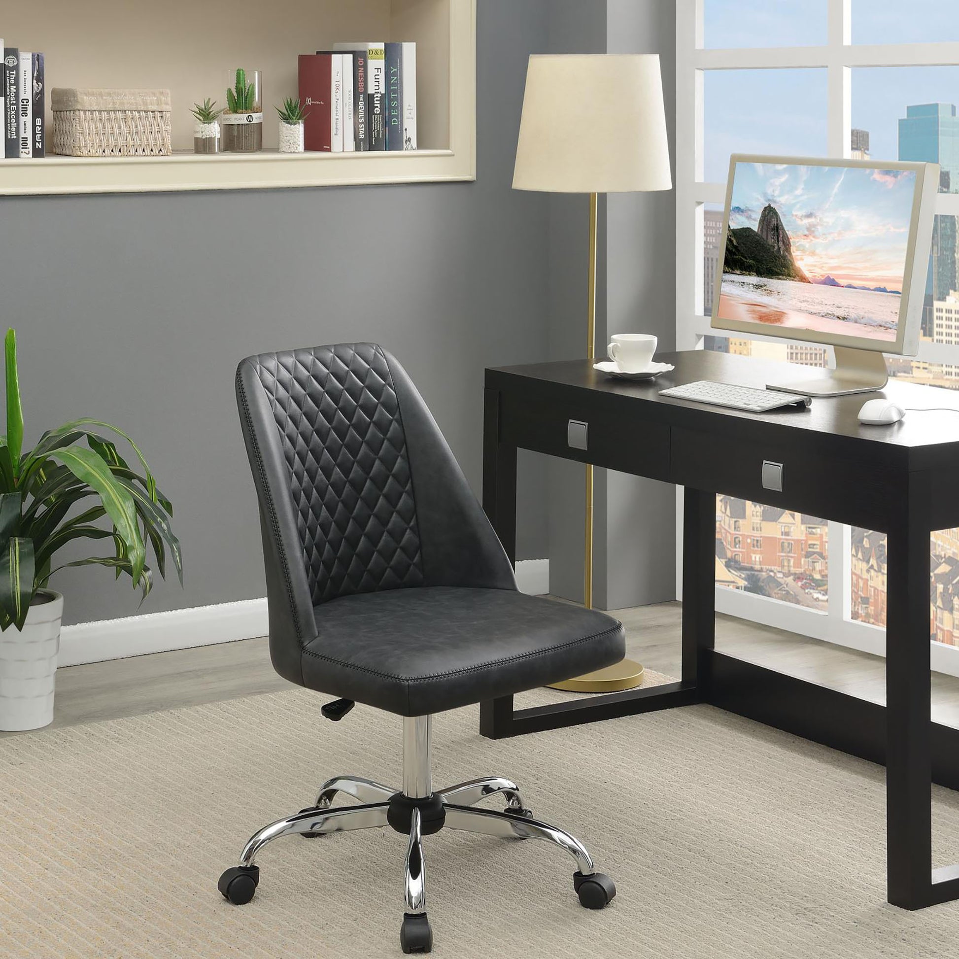 Grey And Chrome Adjustable Desk Chair Grey Office Spot Clean Contemporary,Modern Office Chairs Foam Casters Upholstered