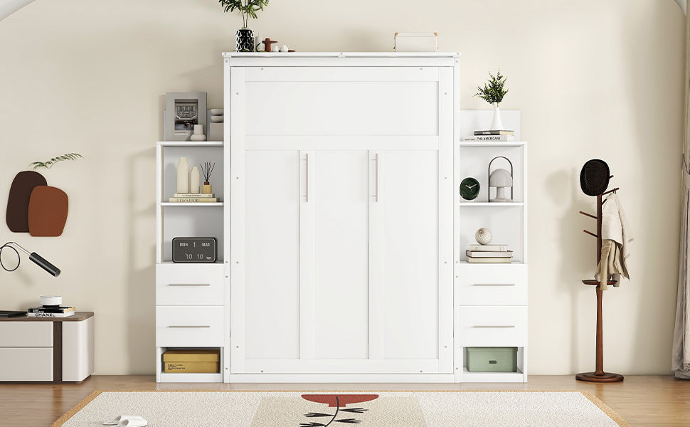 Full Size Murphy Bed Wall Bed With Shelves, Drawers And Led Lights,White White Mdf Lvl