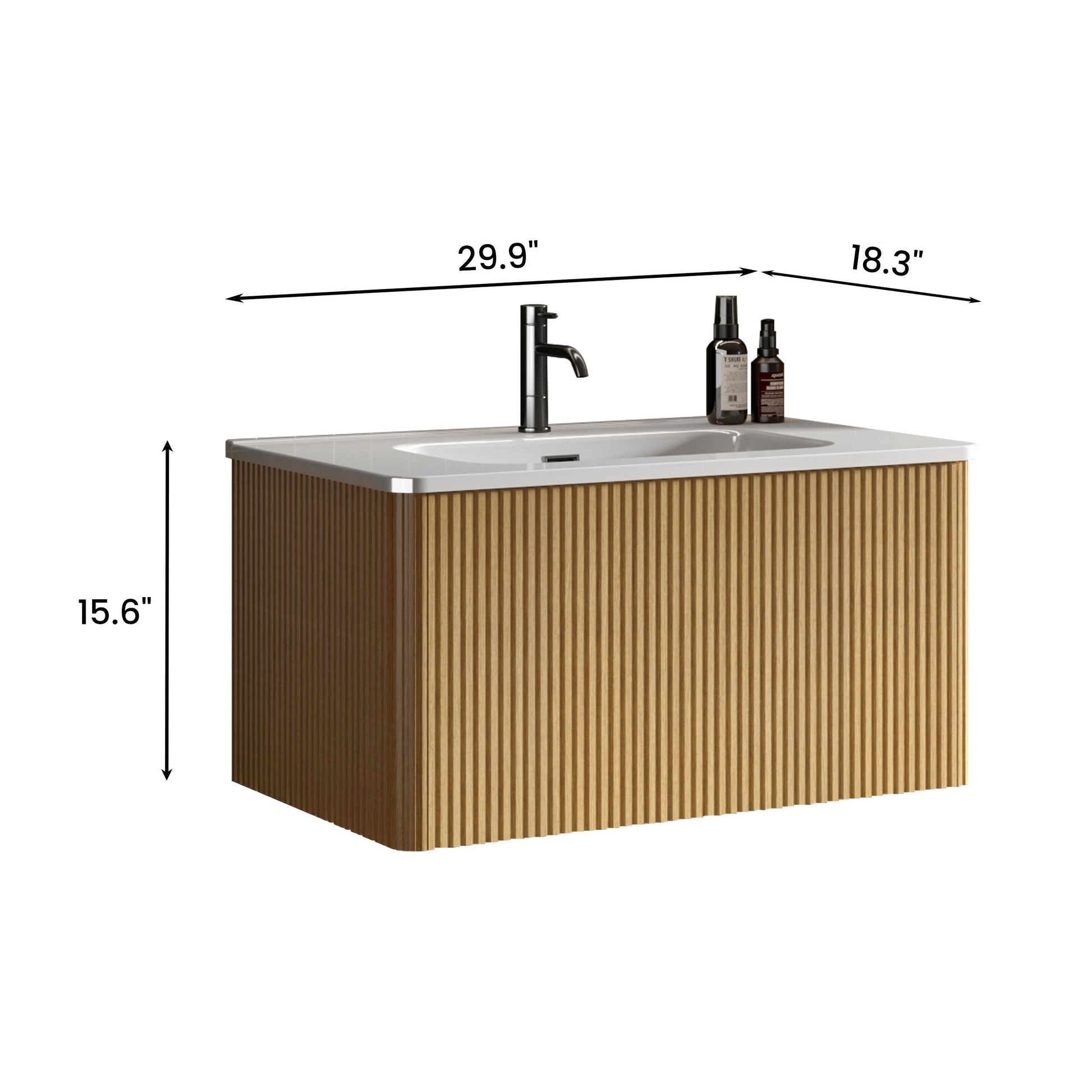 U049 Etna30W 306 Etna 30" Striped Natural Oak Bathroom Vanity With White Ceramic Sink, Wall Mounted Floating Bathroom Vanity For Modern Bathroom, One Piece White Basin Without Drain, Pre Assembled White Oak Melamine