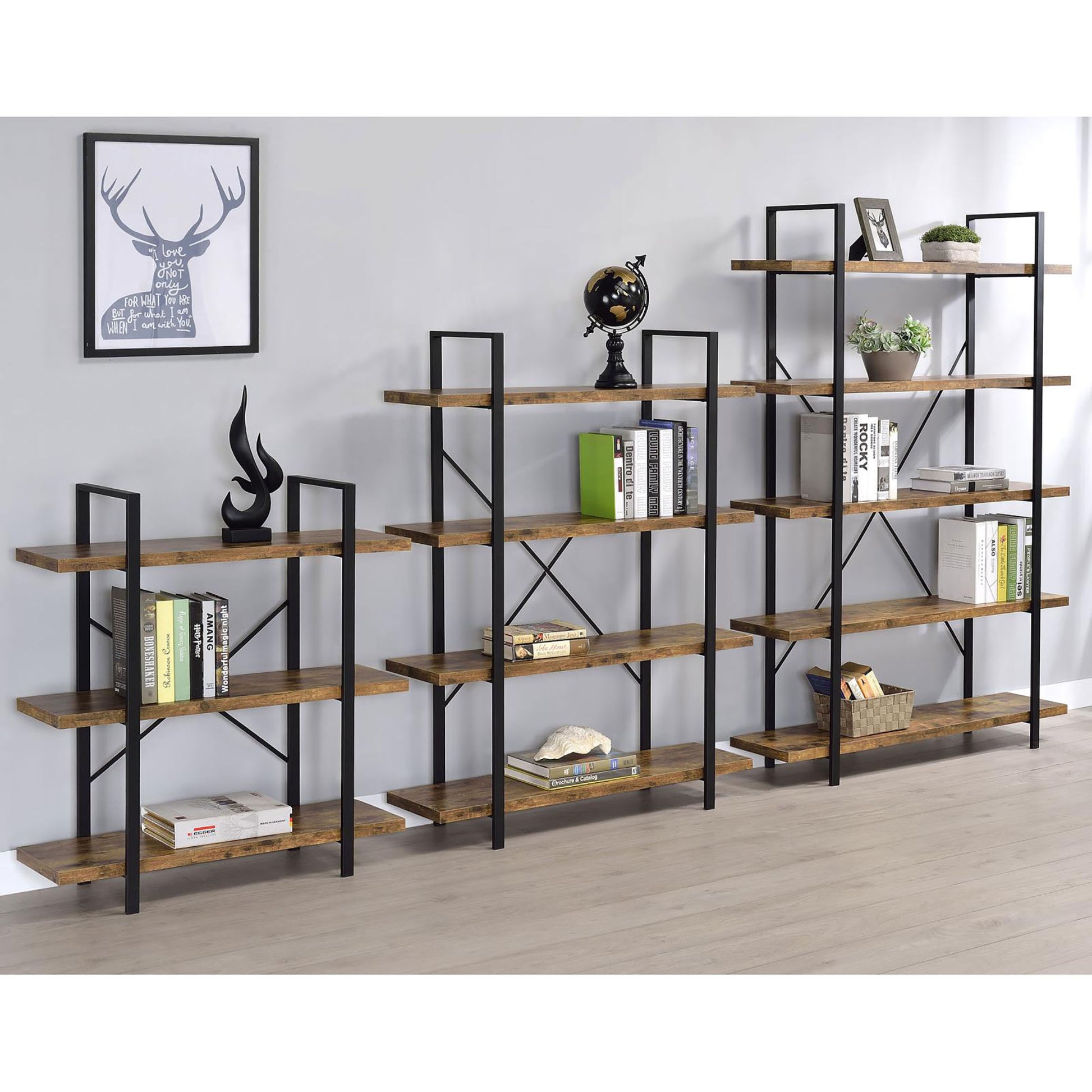 Antique Nutmeg And Black 4 Tier Open Back Bookcase 4 Brown Etagere Horizontal Office Open Back Wood Farmhouse,Rustic Wood