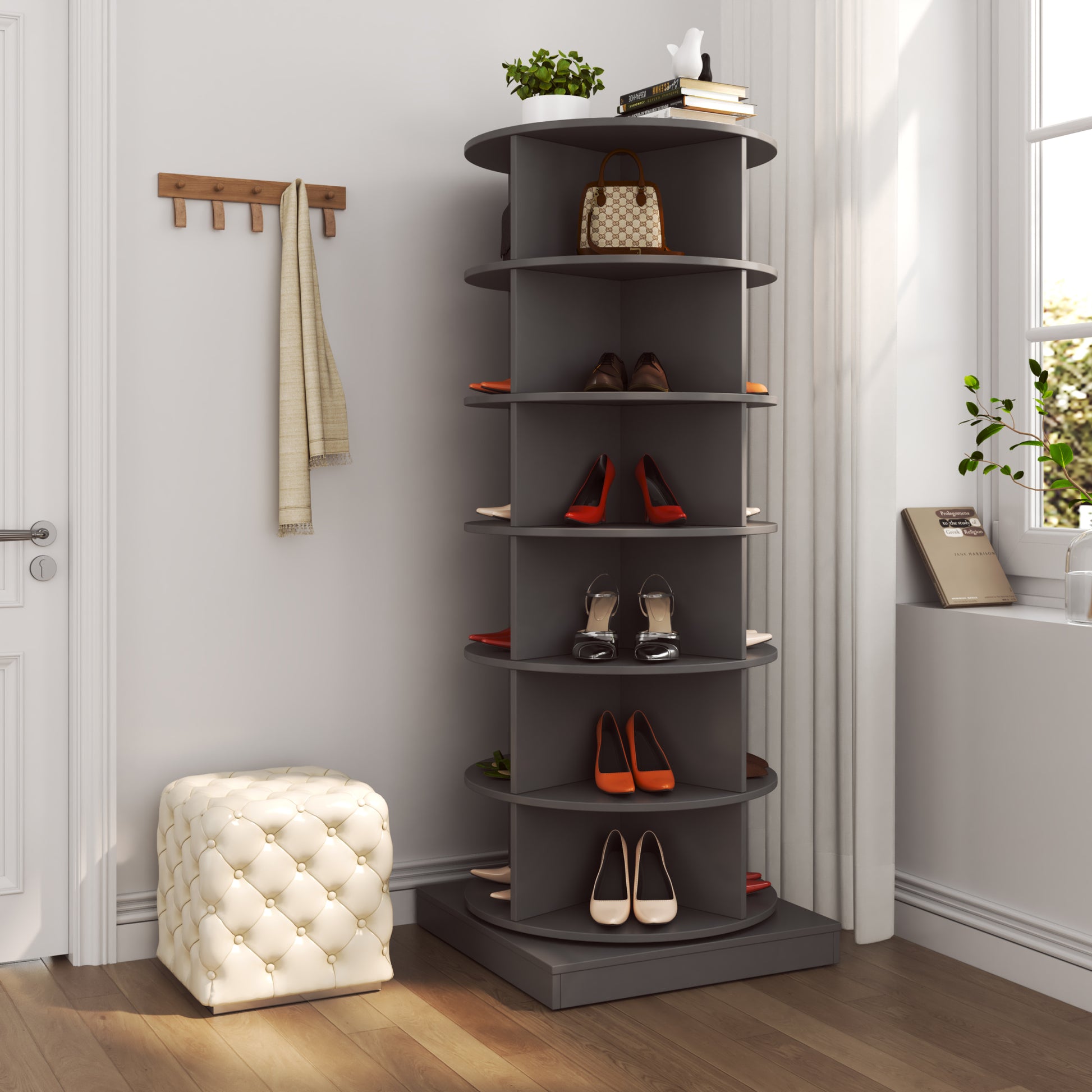 Grey 360 Rotating Shoe Cabinet 6 Layers Grey American Design,American Traditional,Antique Mdf