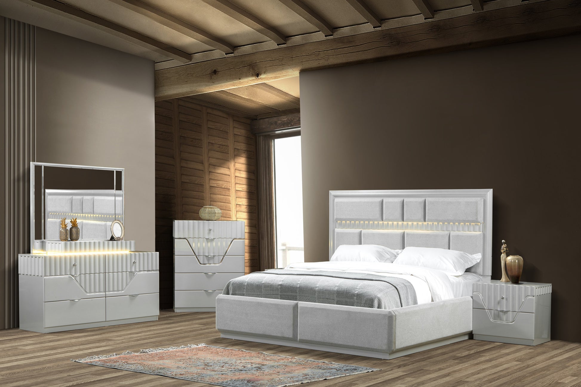 Da Vinci Modern Style King Bed Made With Wood In Gray Box Spring Not Required King Gray Wood Bedroom Contemporary,Modern Bed Frame Solid Wood Mdf Wood