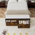 Queen Size Bed Frame With Storage Headboard And 2 Drawers, Led Lights Bed With Charging Station, Metal Platform Bed No Noise, Mattress Foundation Strong Metal Slats Support No Box Spring Needed Box Spring Not Required Queen Antique Brown Iron Brown