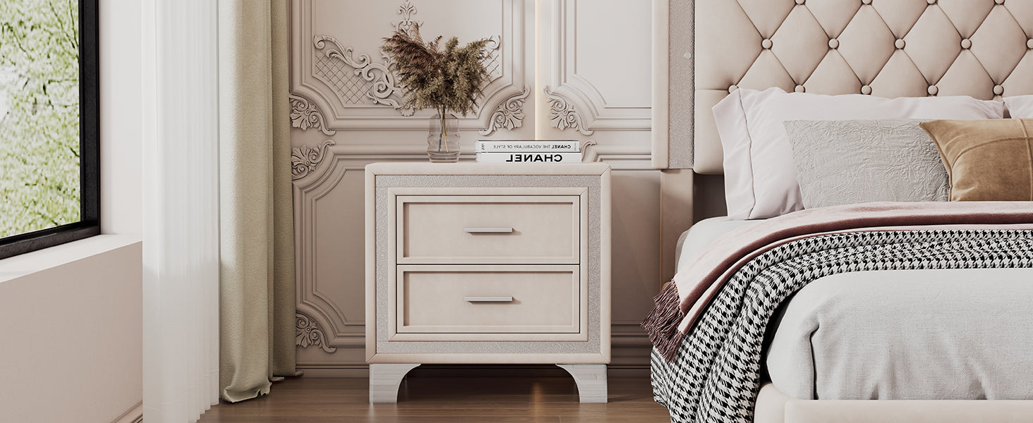 Mid Century Vintage Nightstand With Silver Glitter Strip Decor And Metal Legs, Velvet Bedside Table With 2 Drawers, Fully Assembled Except Legs And Handles, Beige Beige Velvet